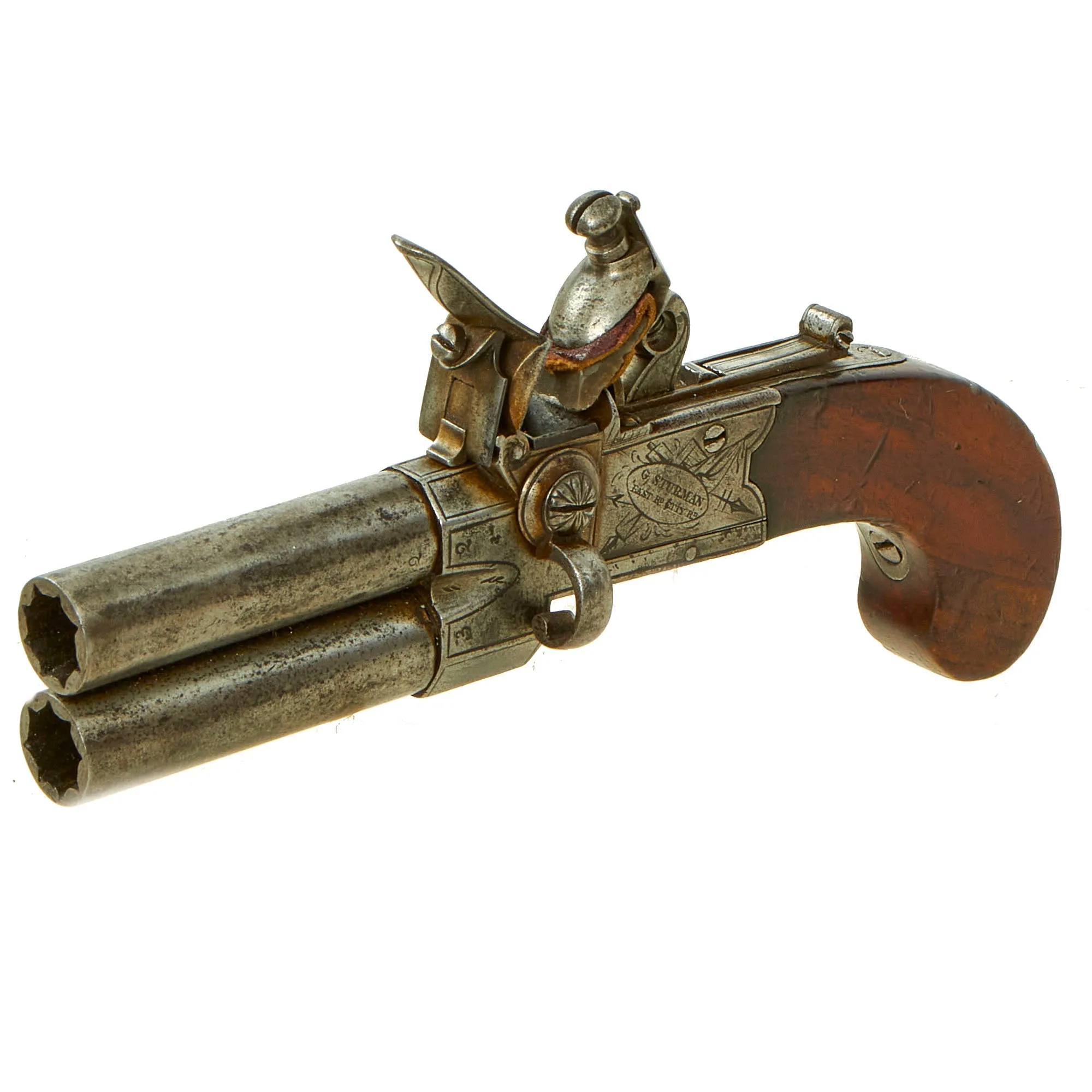 Original British Over & Under Flintlock Double Barrel Tap Action Pistol by G. Sturman of London c. 1820