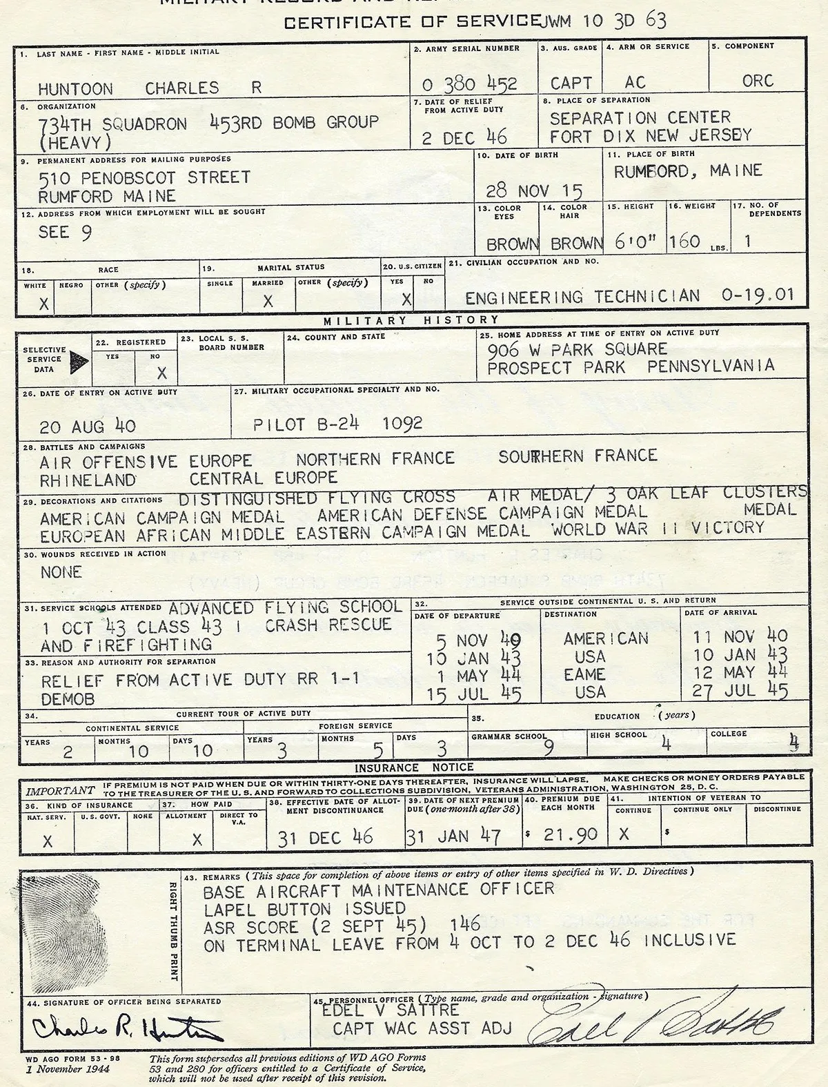 Original U.S. WWII B-24 Liberator Hoo Jive 734th Bomb Squadron Named Pilot Grouping - POW