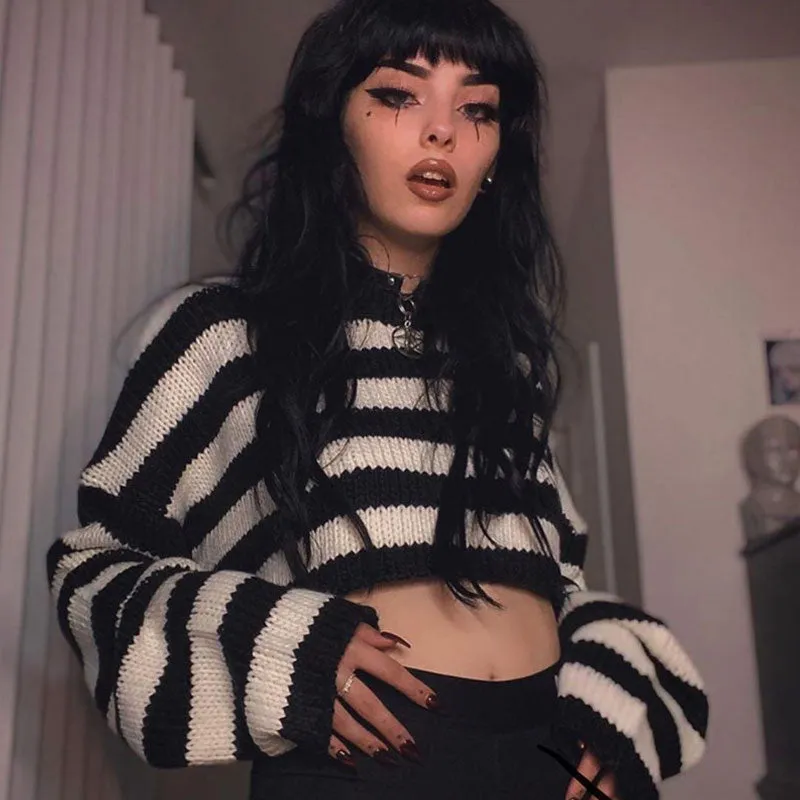 Oversized Crew Neck Long Sleeve Drop Shoulder Crop Black and White Sweater