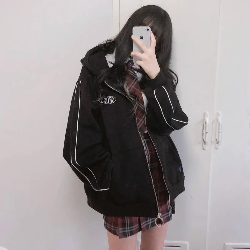 Oversized Plus Velvet Front Zipper Ring Hoodie