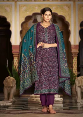 Pashmina Spun Unstitched Dark Purple Winter Salwar Suits