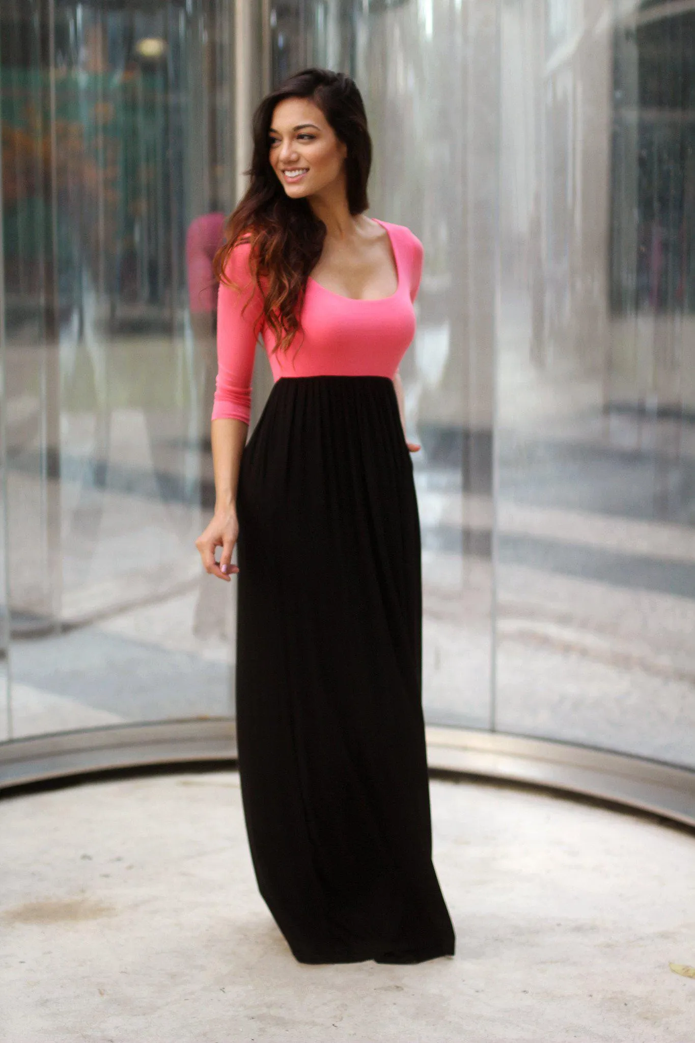 Pink And Black Maxi Dress With 3/4 Sleeves