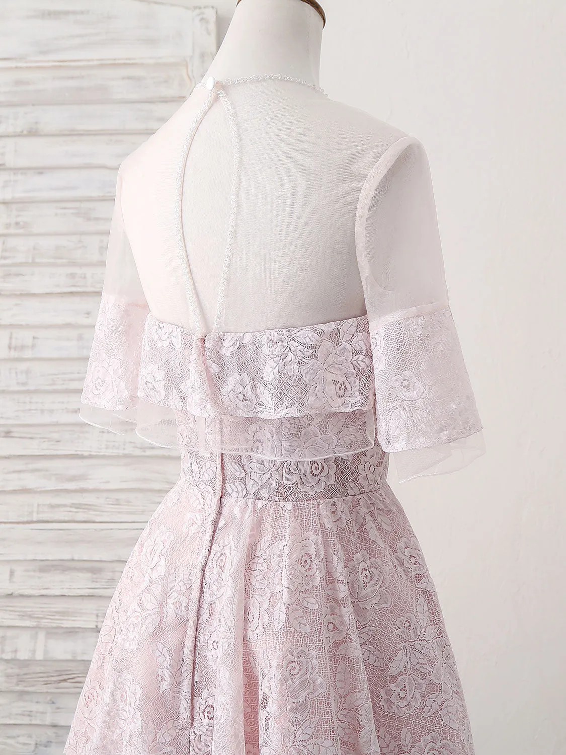 Pink Round Neck Lace Tulle Short Prom Dress Pink Homecoming Dress