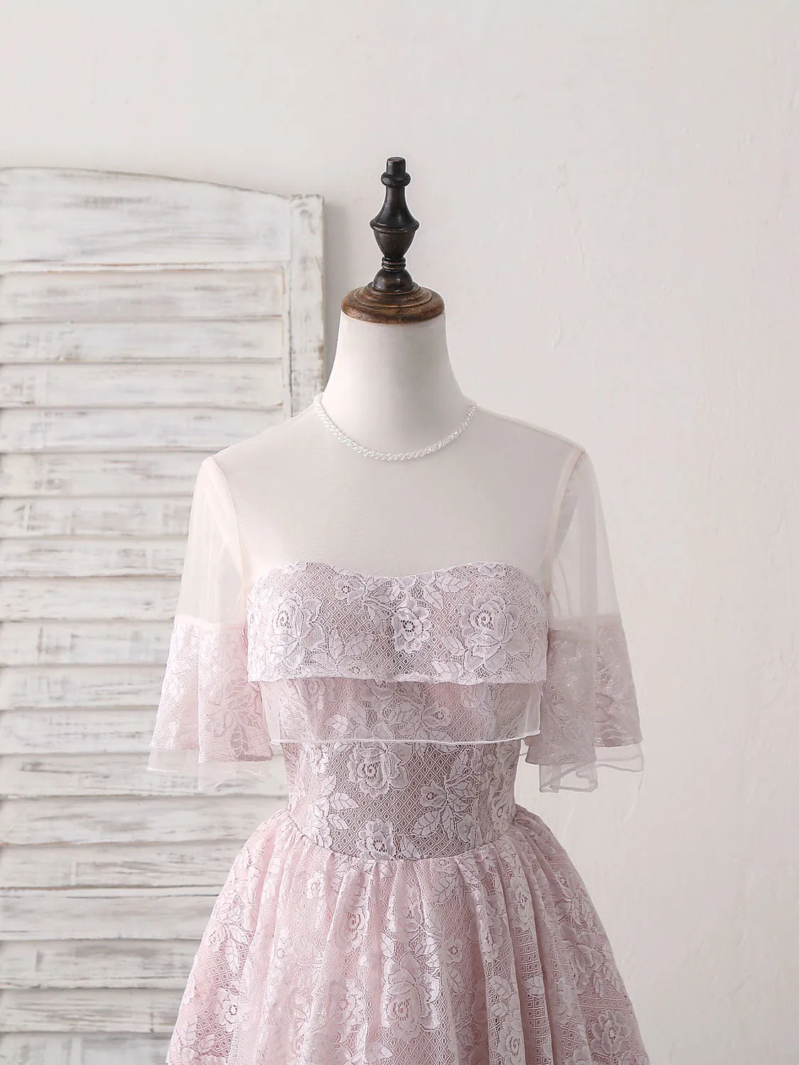 Pink Round Neck Lace Tulle Short Prom Dress Pink Homecoming Dress