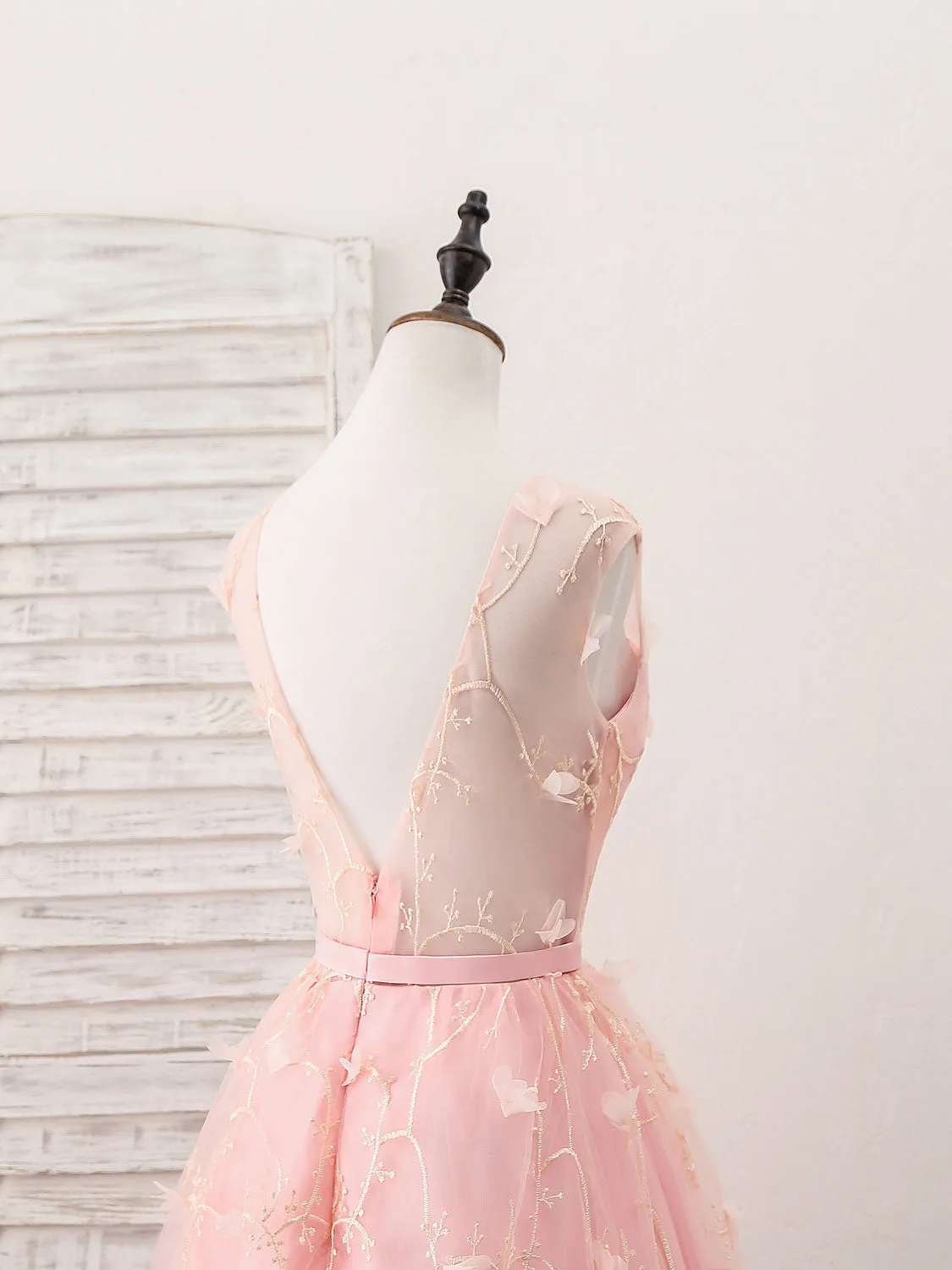 Pink Tulle Lace Tea Length Prom Dress Pink Homecoming Dress