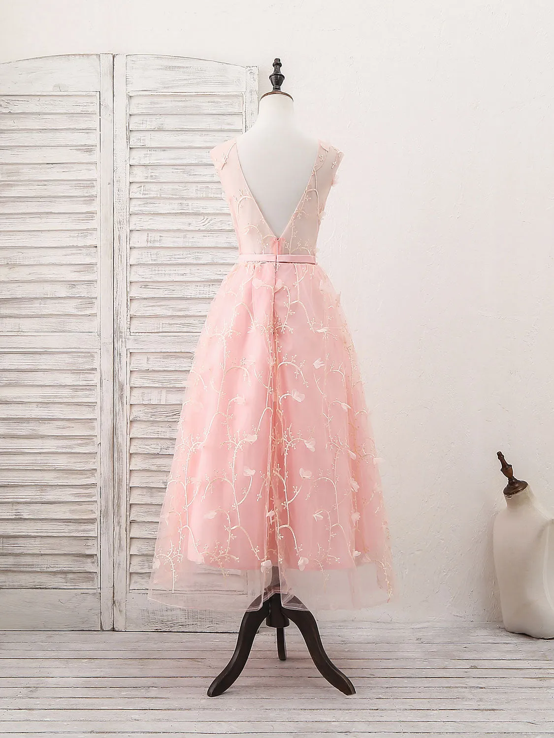 Pink Tulle Lace Tea Length Prom Dress Pink Homecoming Dress