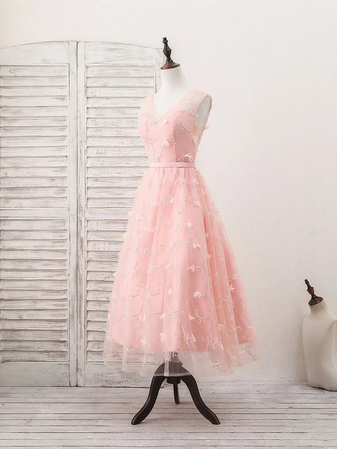 Pink Tulle Lace Tea Length Prom Dress Pink Homecoming Dress