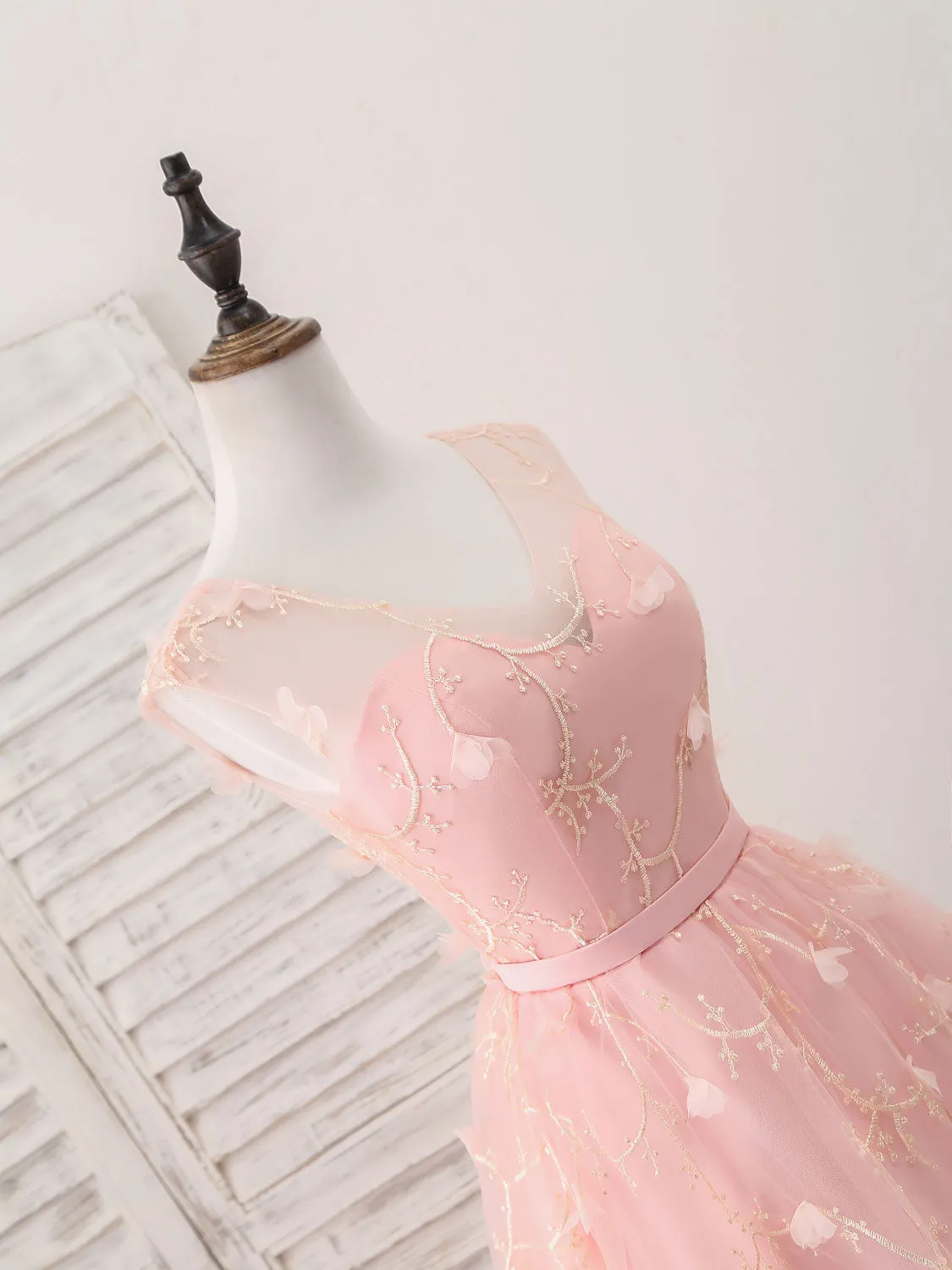 Pink Tulle Lace Tea Length Prom Dress Pink Homecoming Dress