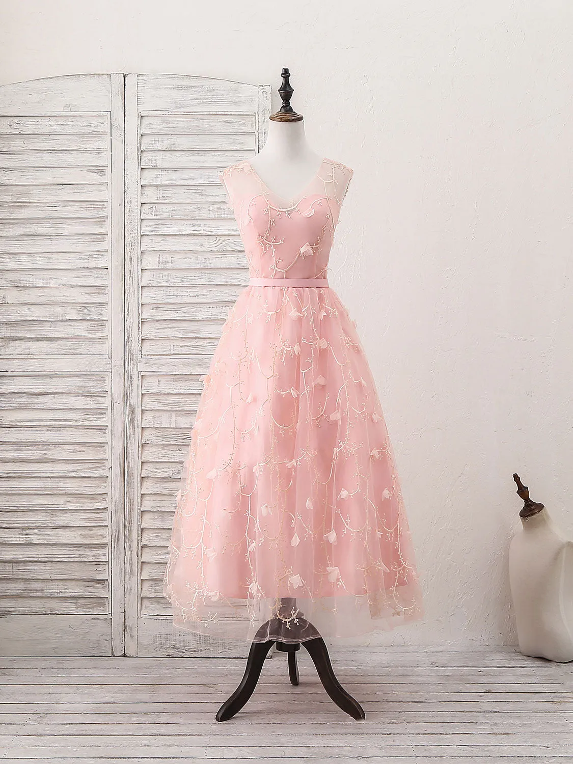 Pink Tulle Lace Tea Length Prom Dress Pink Homecoming Dress