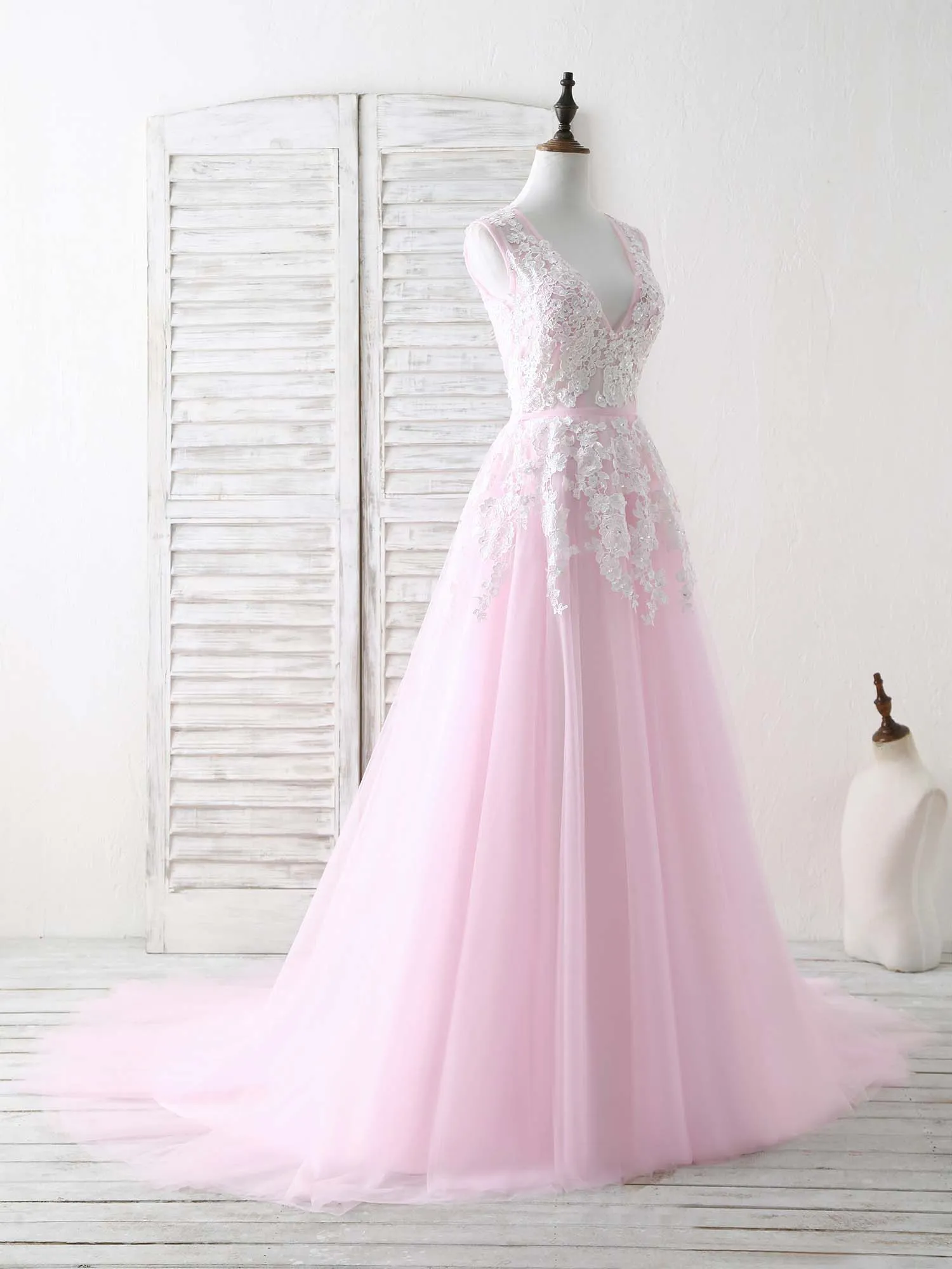 Pink V Neck Tulle Lace Applique Long Prom Dress Pink Evening Dress