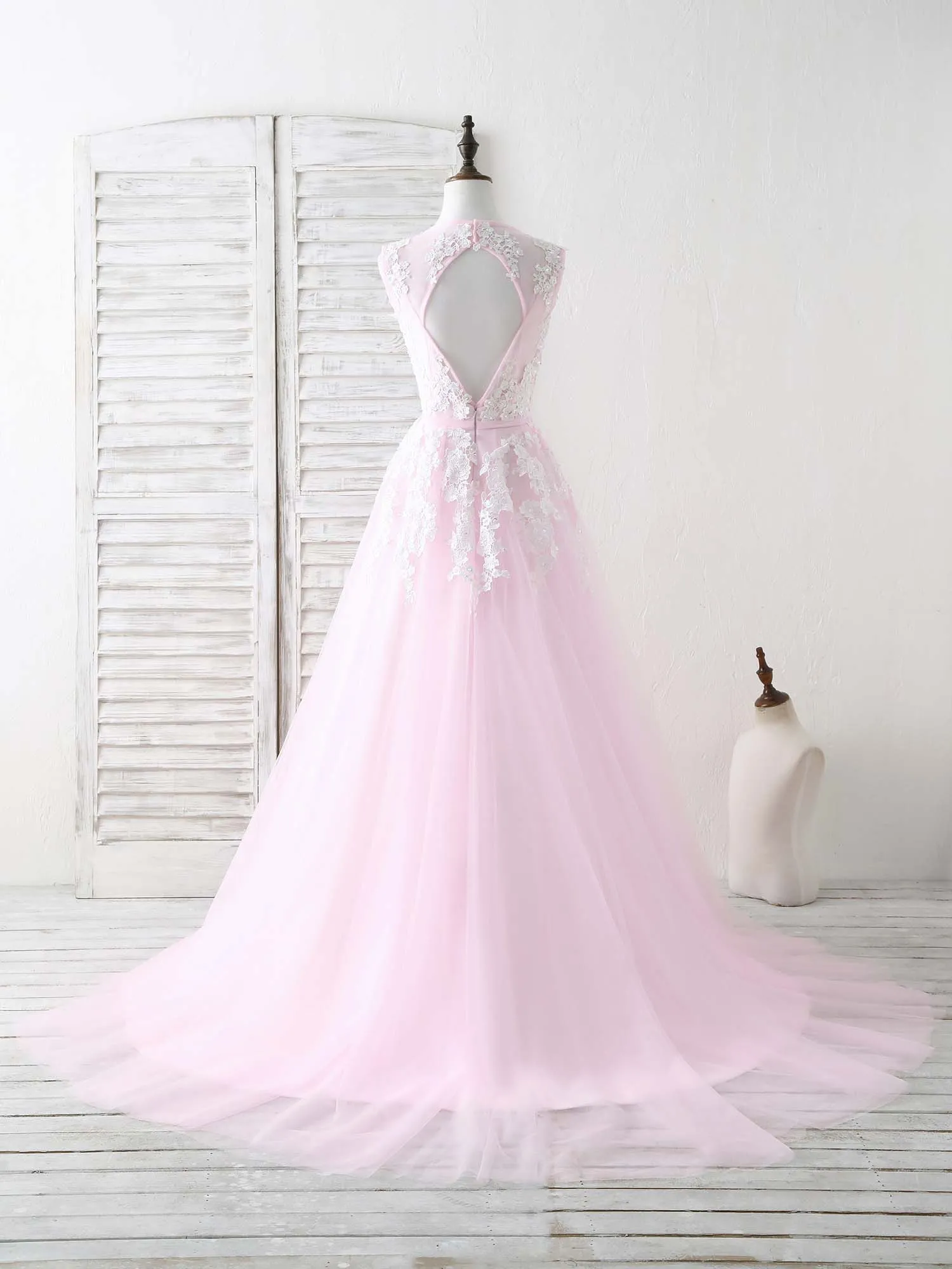 Pink V Neck Tulle Lace Applique Long Prom Dress Pink Evening Dress