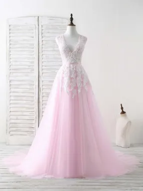 Pink V Neck Tulle Lace Applique Long Prom Dress Pink Evening Dress