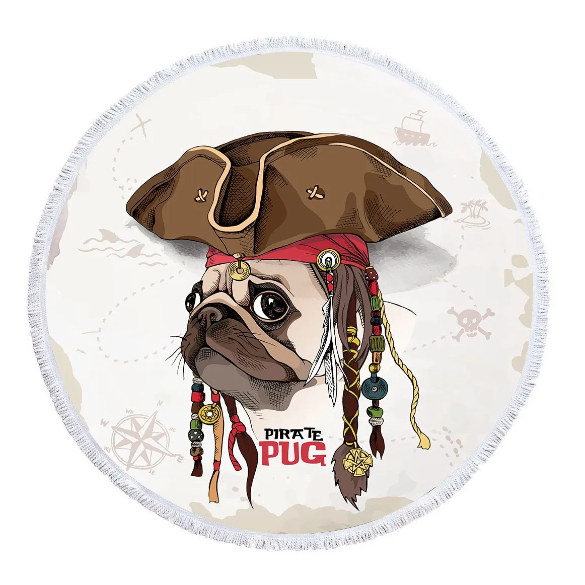 Pirate Pug Round Beach Towel