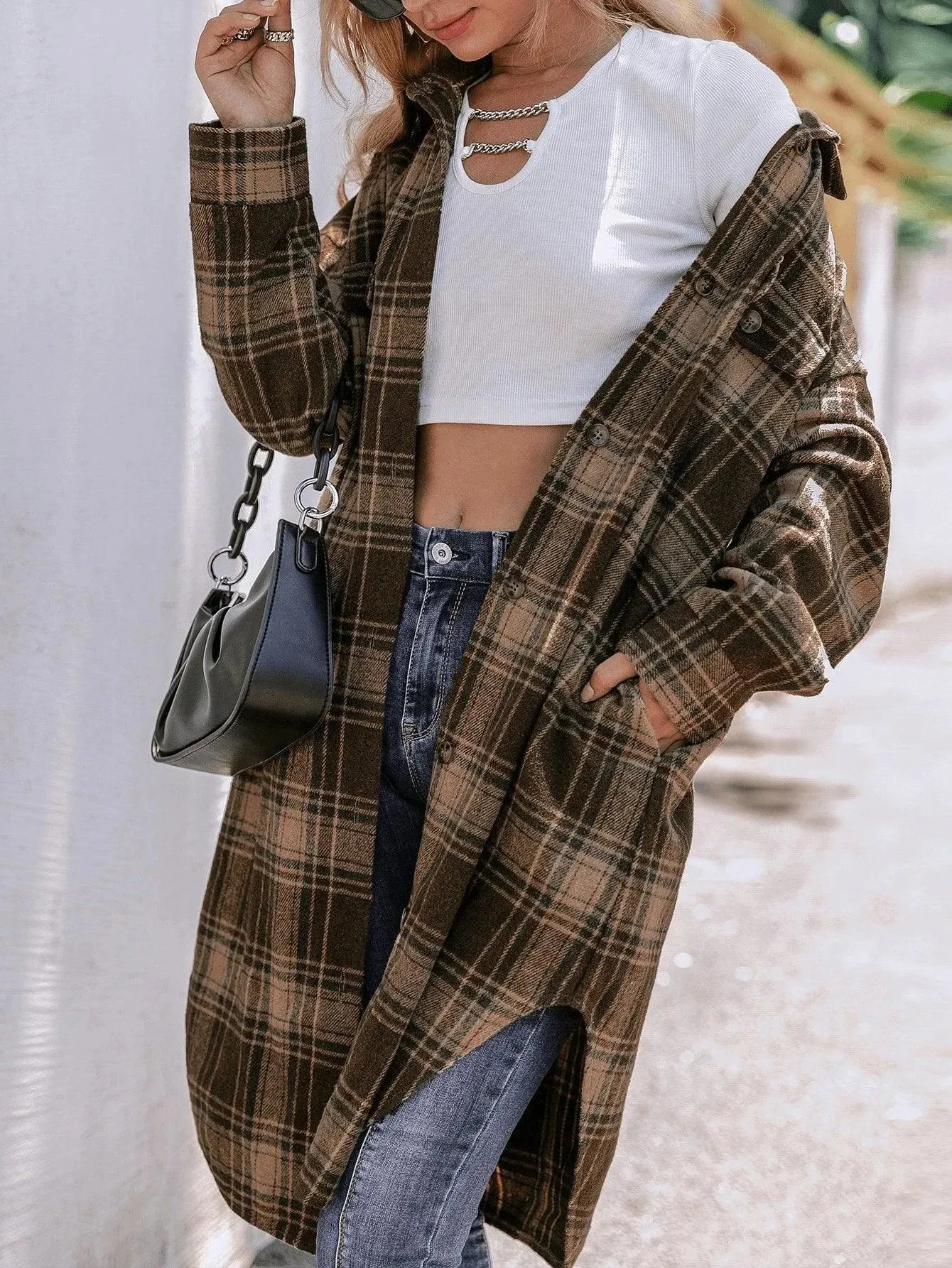 Plaid Flap Detail Drop Shoulder Overcoat Multicolor