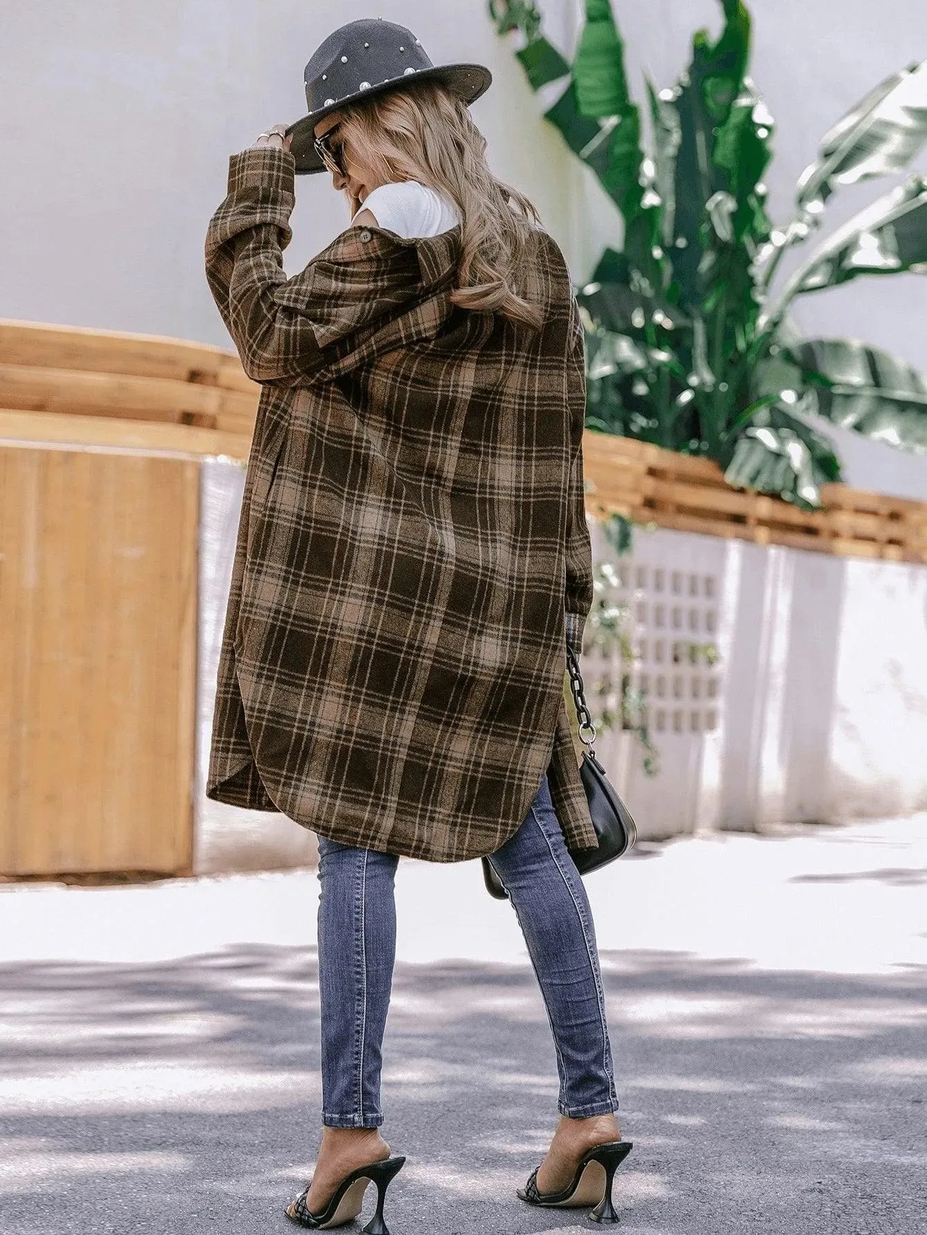 Plaid Flap Detail Drop Shoulder Overcoat Multicolor