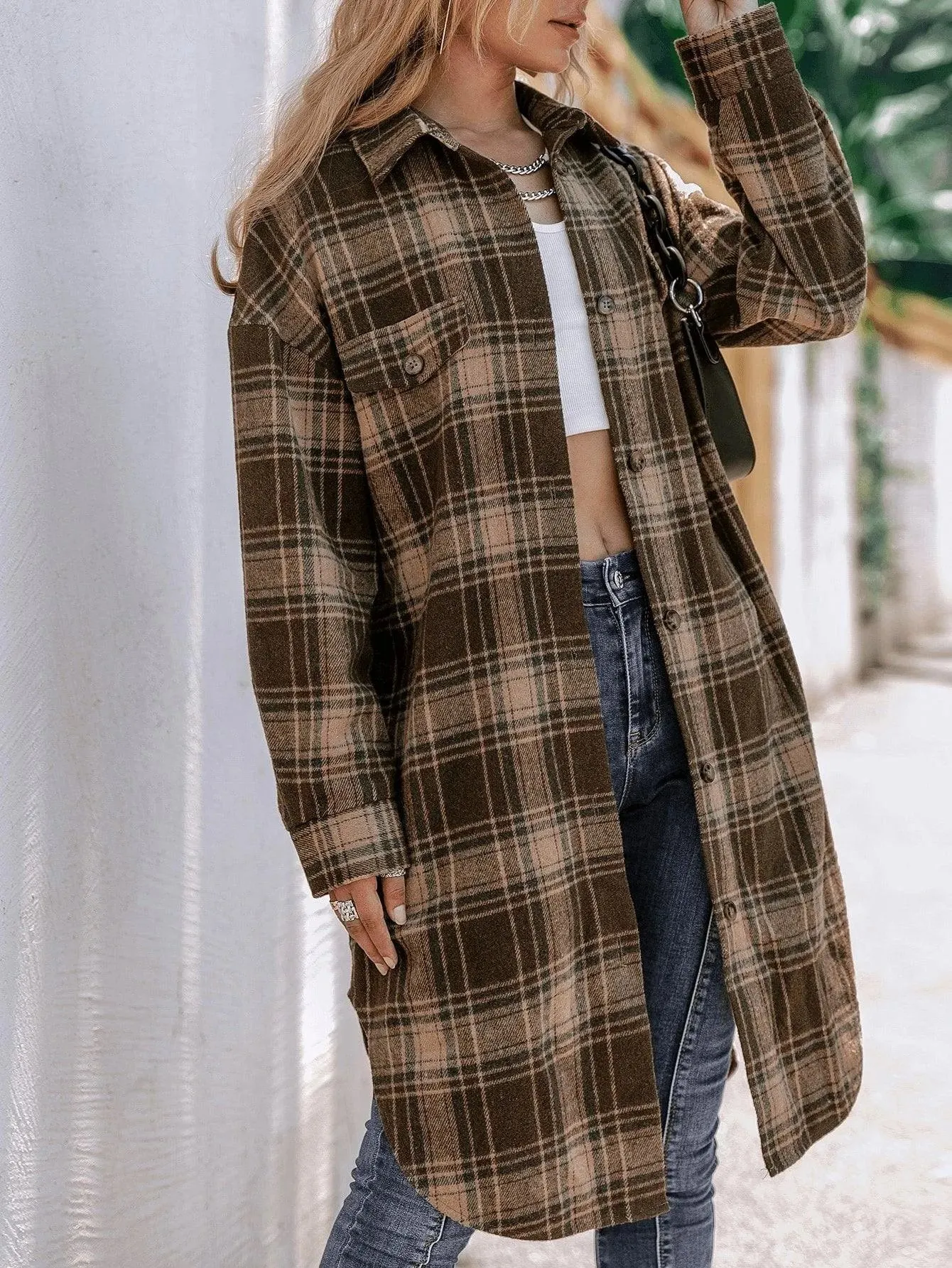 Plaid Flap Detail Drop Shoulder Overcoat Multicolor