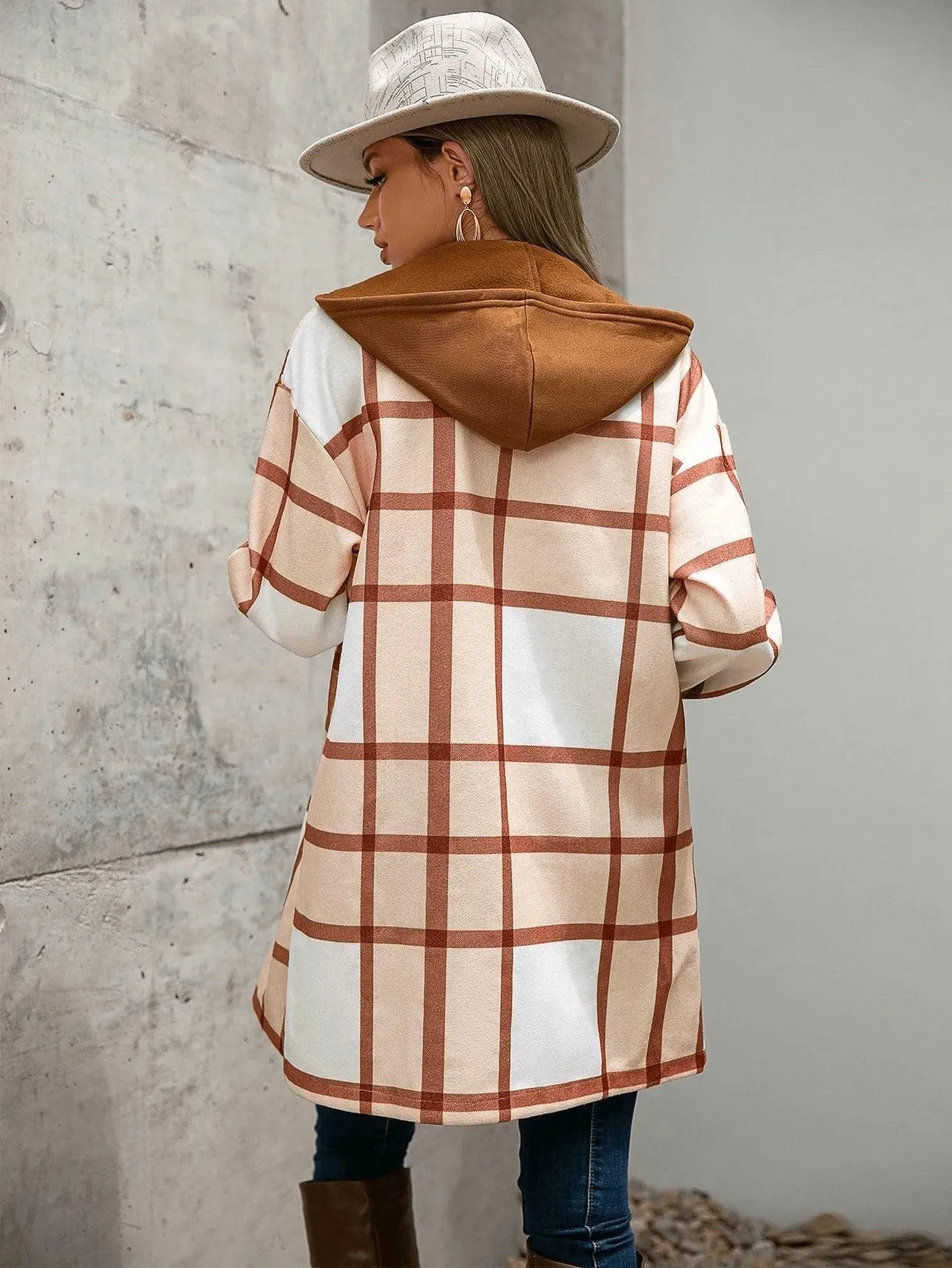 Plaid Flap Pocket Drop Shoulder Hooded Overcoat