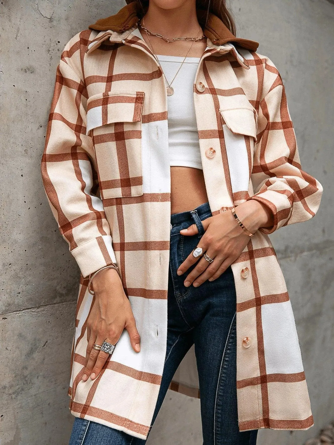 Plaid Flap Pocket Drop Shoulder Hooded Overcoat