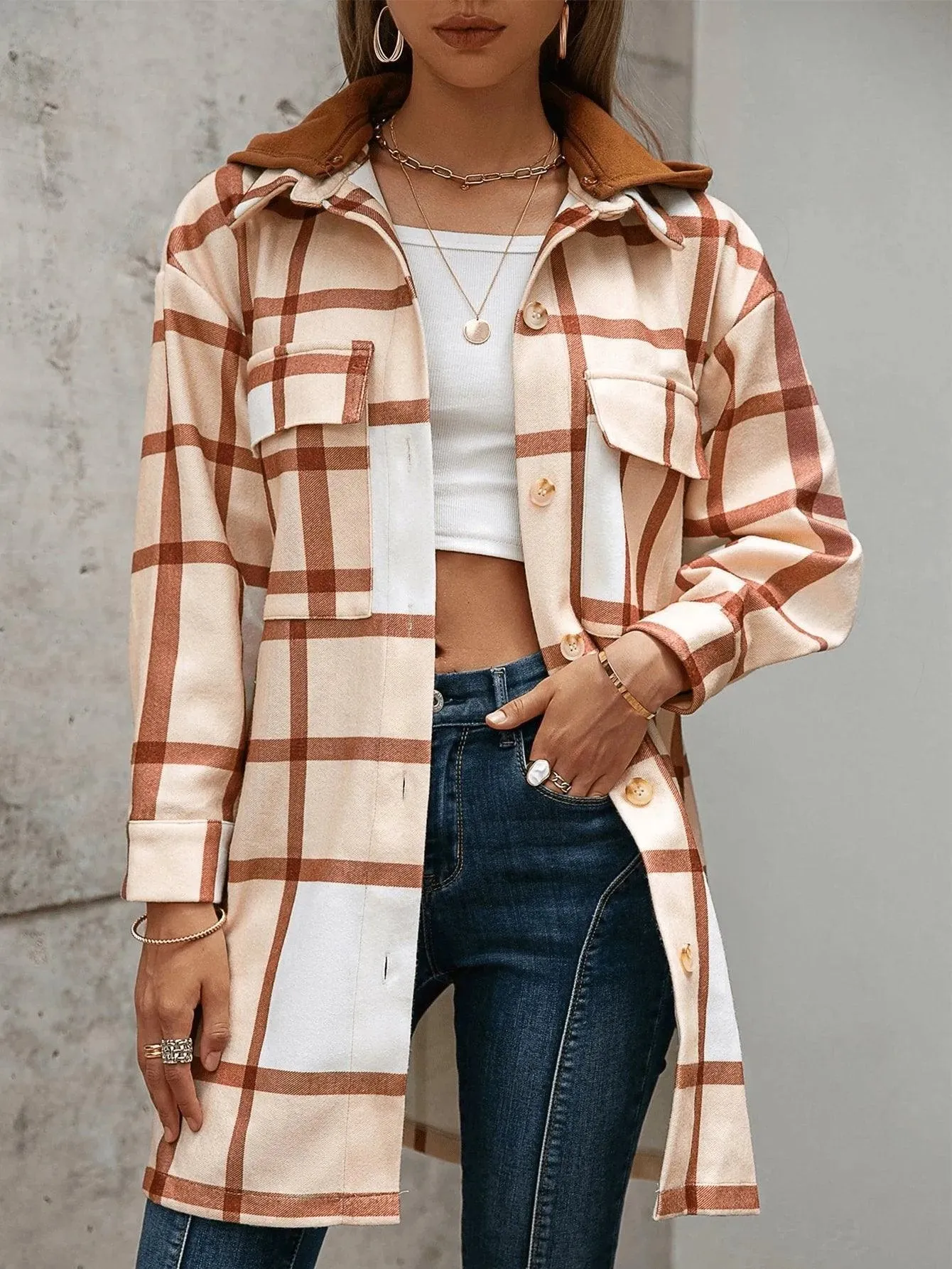 Plaid Flap Pocket Drop Shoulder Hooded Overcoat