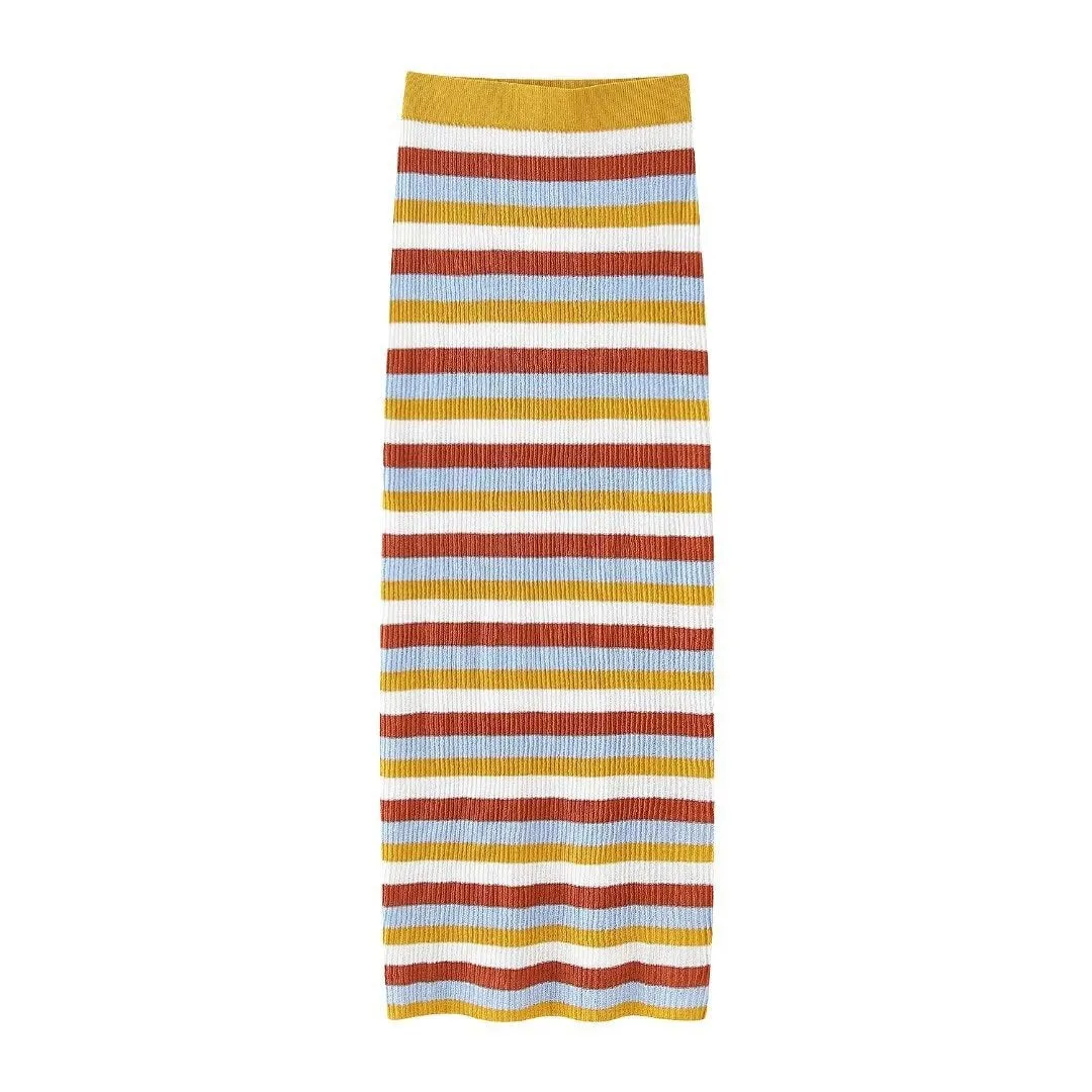 Pre Order:  Sleeveless Striped Knitted Vest   Slim Long Skirt