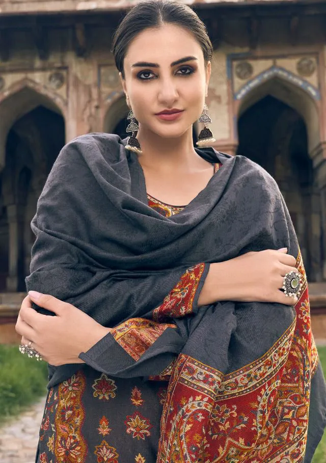 Pure Handloom Weaving Pashmina Dark Grey Winter Suits Set