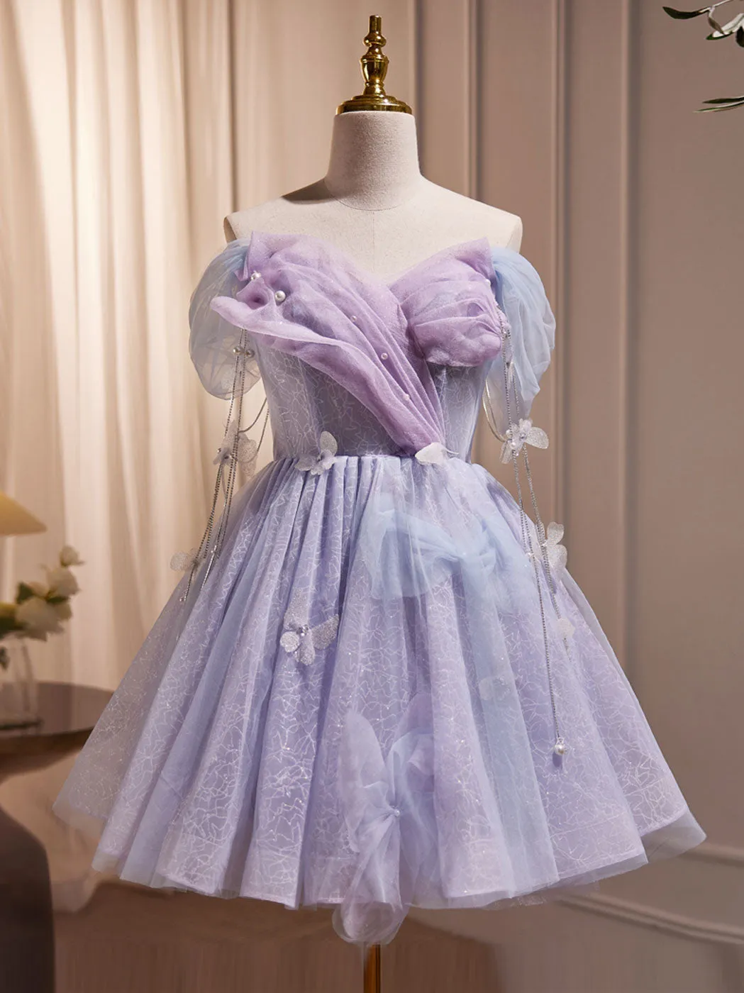 Purple Off Shoulder Tulle Short Prom Dress Purple Homecoming Dress