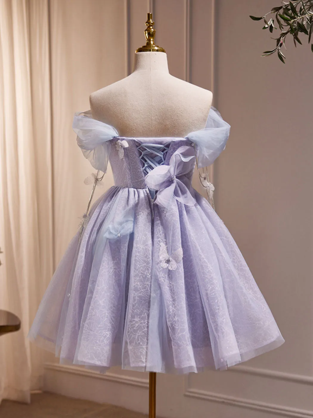 Purple Off Shoulder Tulle Short Prom Dress Purple Homecoming Dress