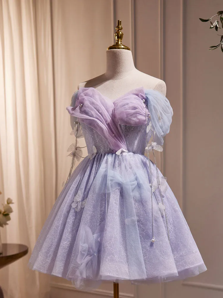 Purple Off Shoulder Tulle Short Prom Dress Purple Homecoming Dress