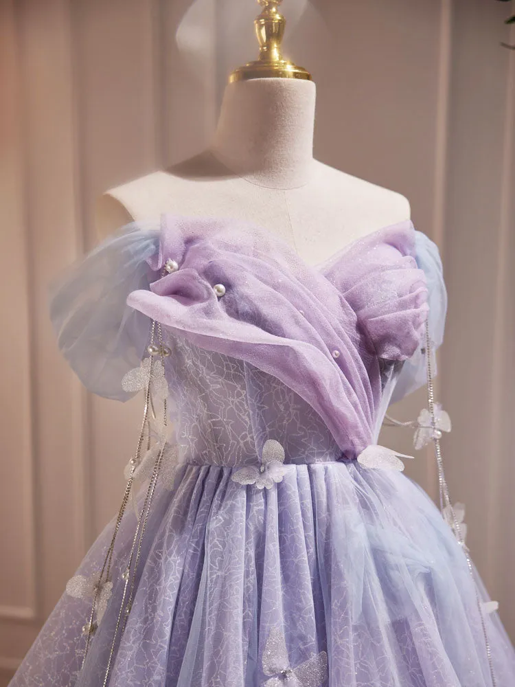 Purple Off Shoulder Tulle Short Prom Dress Purple Homecoming Dress