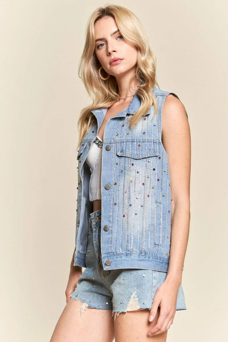 Rainbow Bejeweled Denim Vest