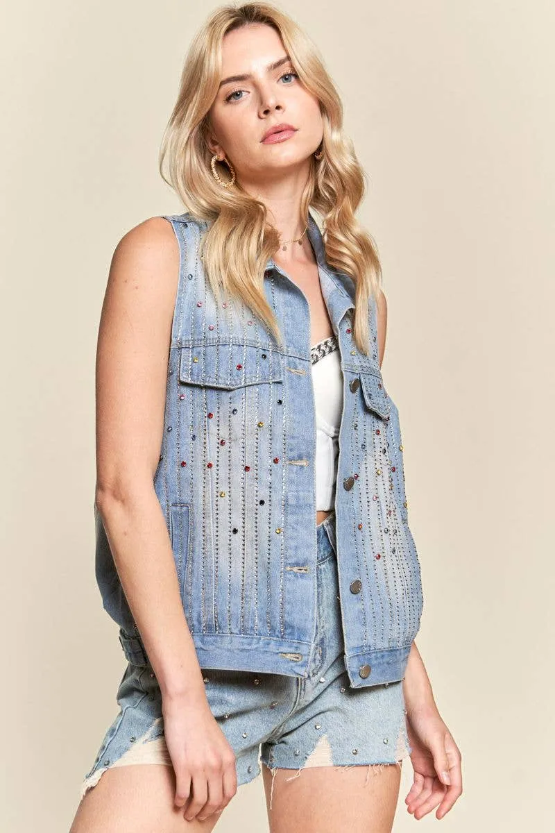 Rainbow Bejeweled Denim Vest