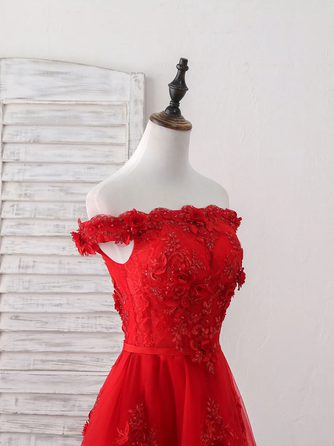 Red Tulle Lace Off Shoulder Short Prom Dress Red Homecoming Dress