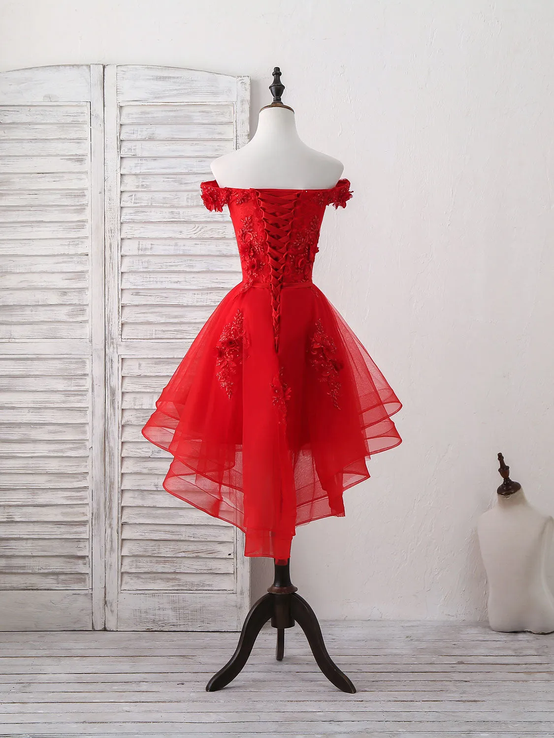 Red Tulle Lace Off Shoulder Short Prom Dress Red Homecoming Dress