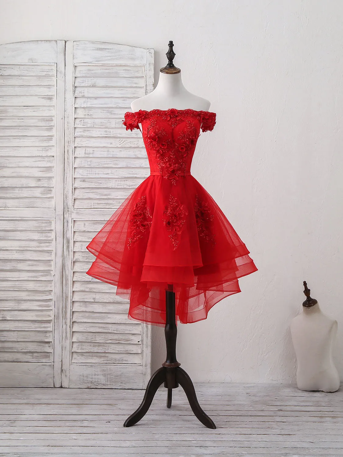 Red Tulle Lace Off Shoulder Short Prom Dress Red Homecoming Dress