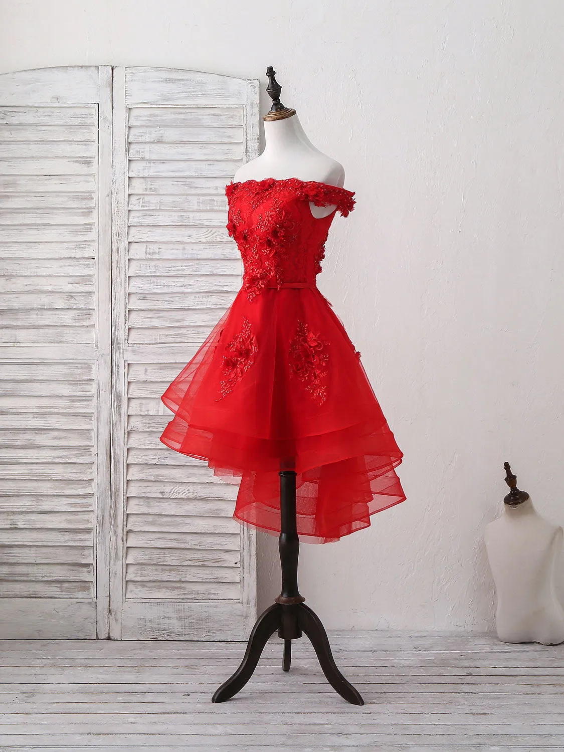 Red Tulle Lace Off Shoulder Short Prom Dress Red Homecoming Dress