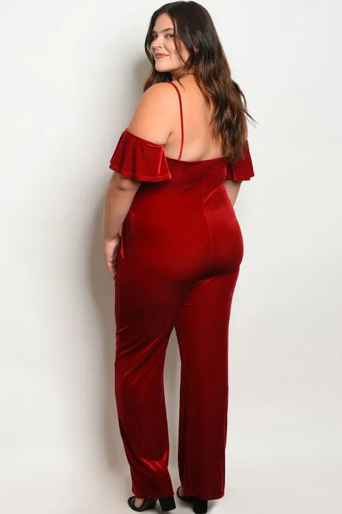 Red Velvet Cold Shoulder Plus Size Jumpsuit