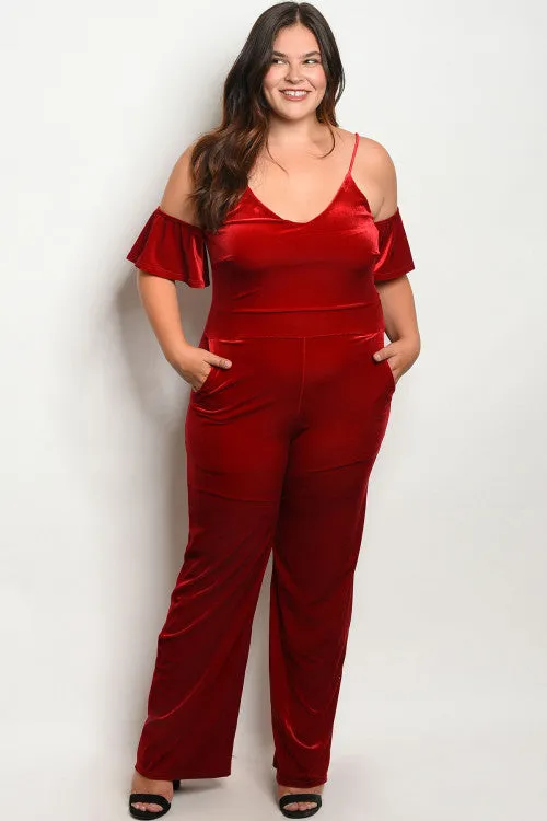 Red Velvet Cold Shoulder Plus Size Jumpsuit