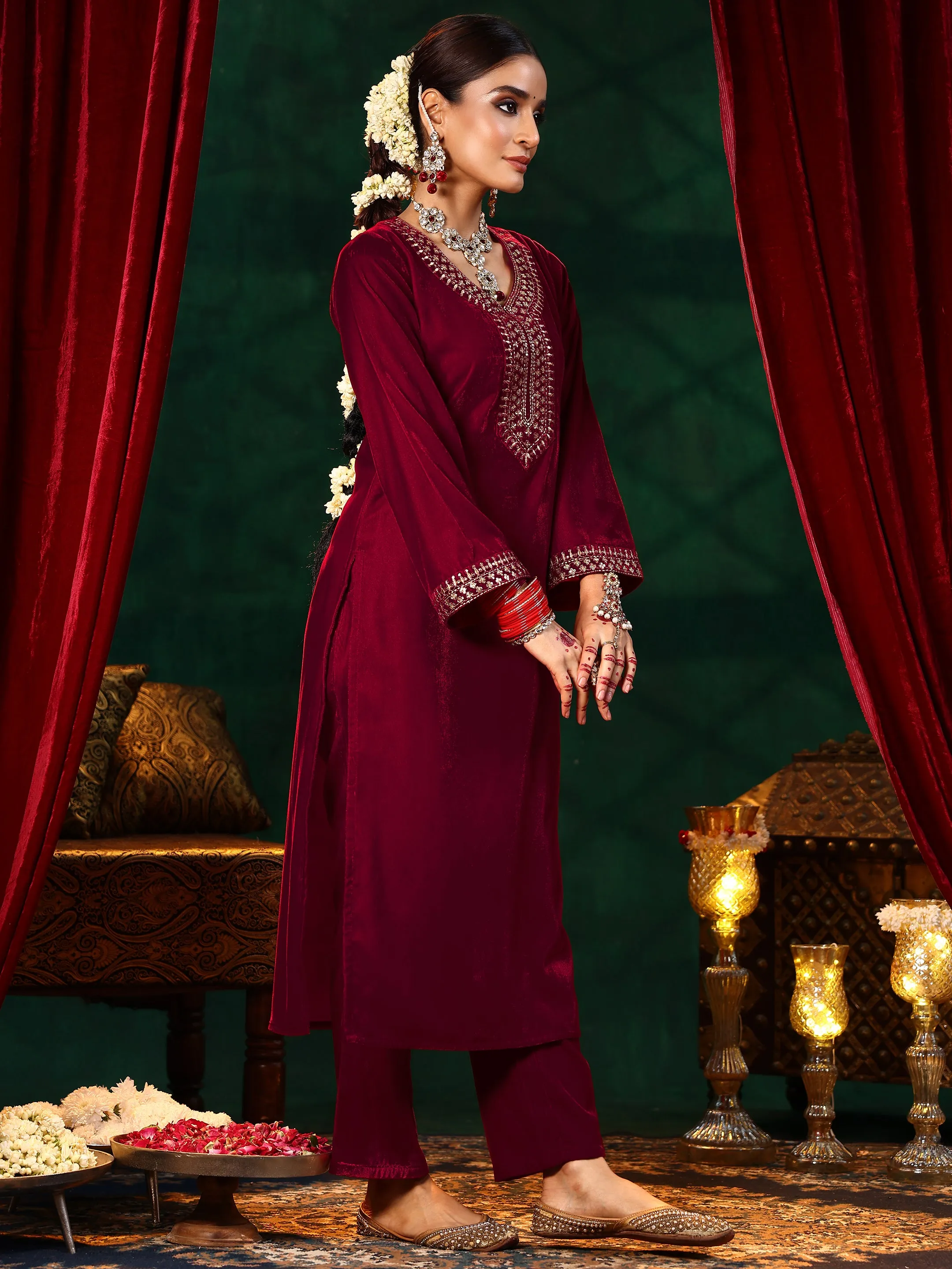 Red Yoke Design Velvet Straight Suit With Dupatta