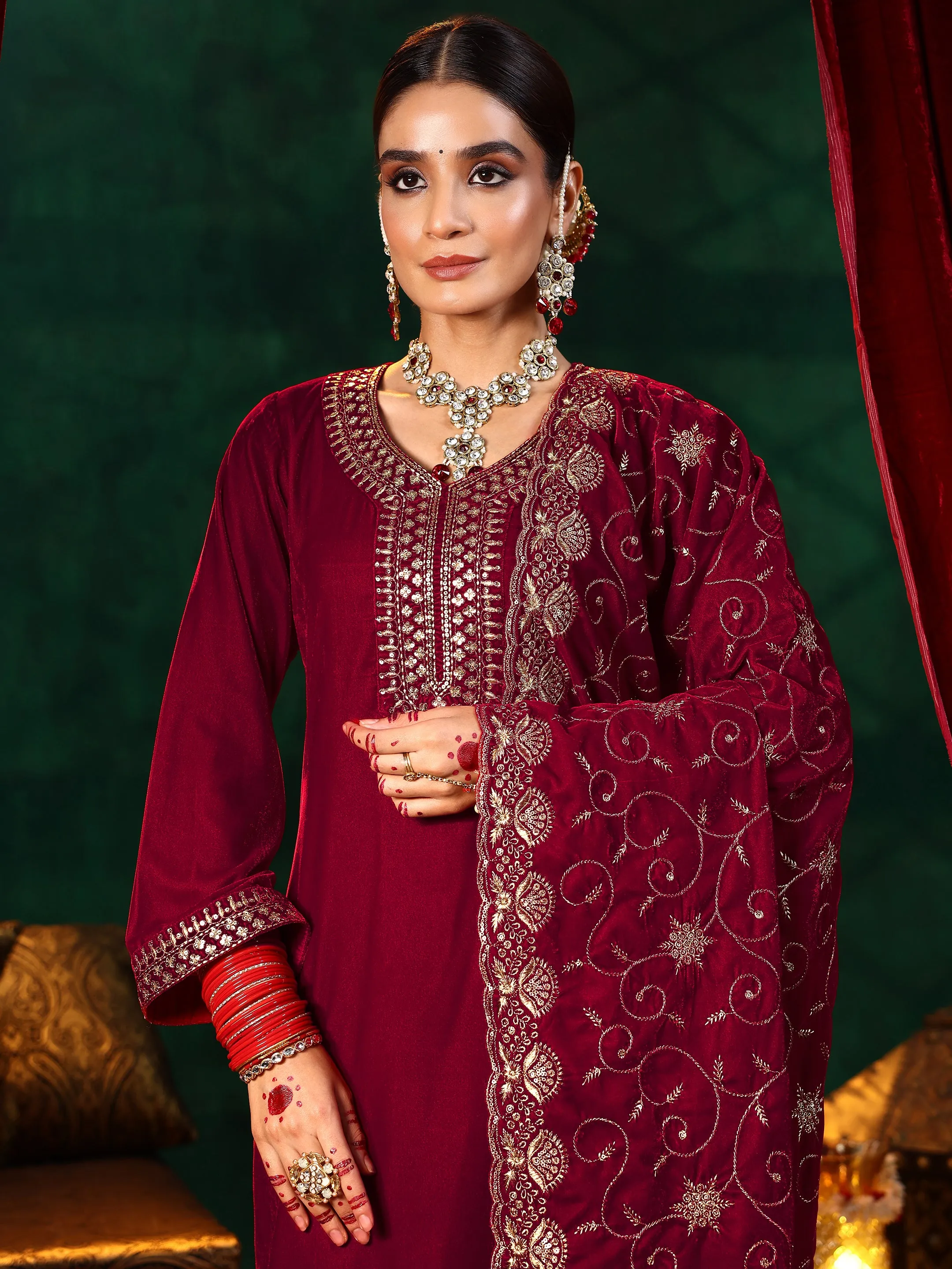 Red Yoke Design Velvet Straight Suit With Dupatta