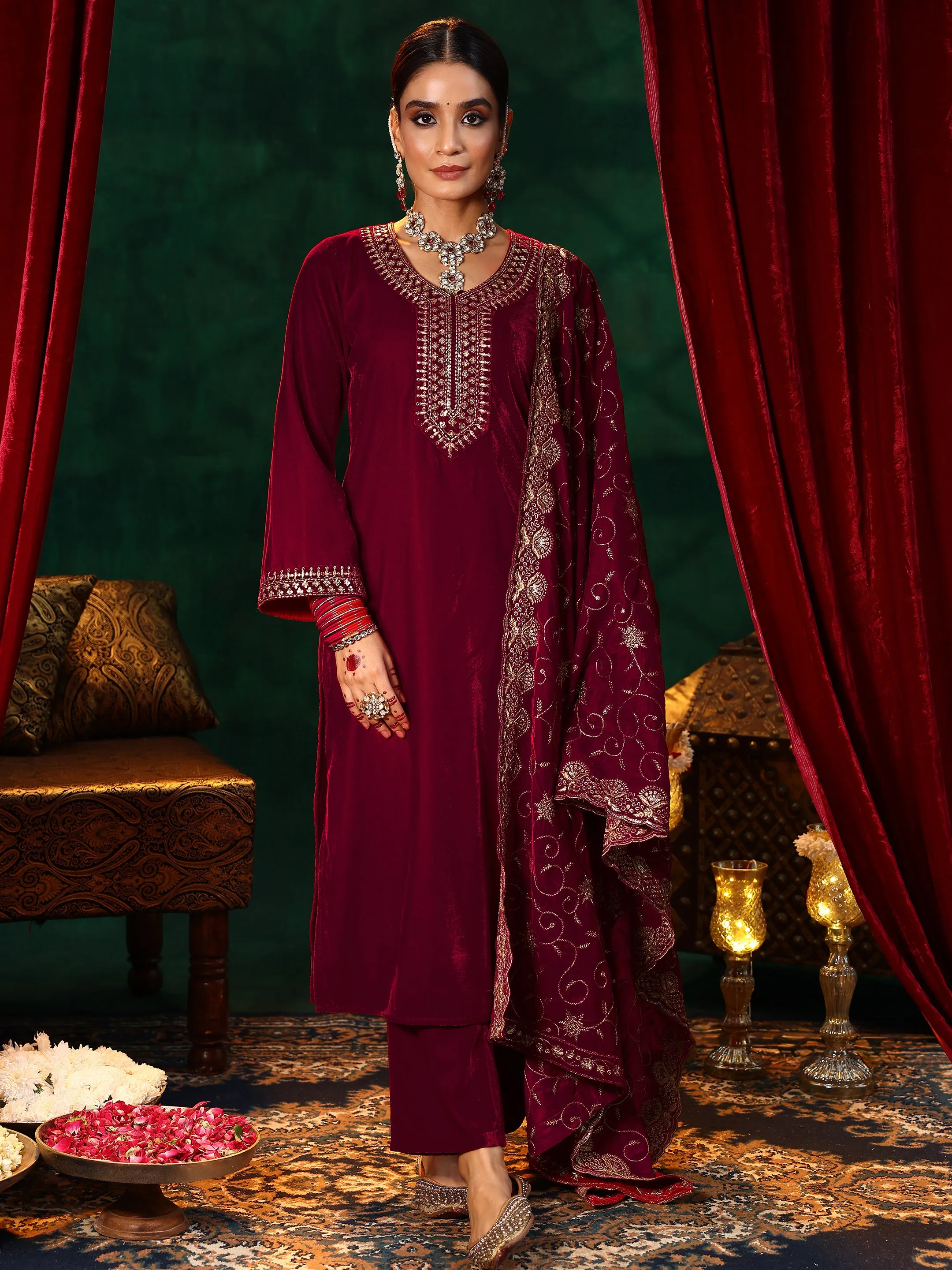 Red Yoke Design Velvet Straight Suit With Dupatta