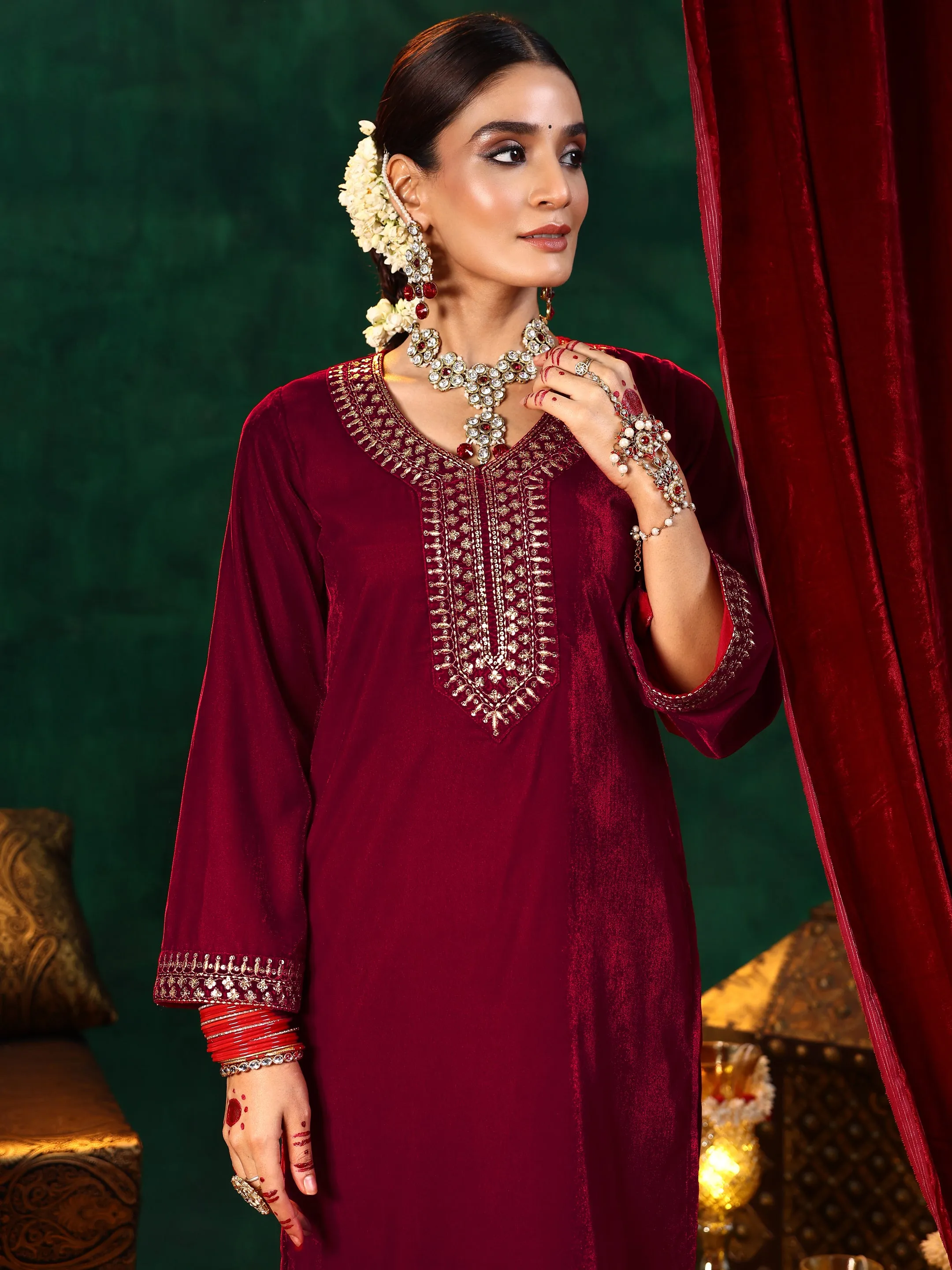 Red Yoke Design Velvet Straight Suit With Dupatta