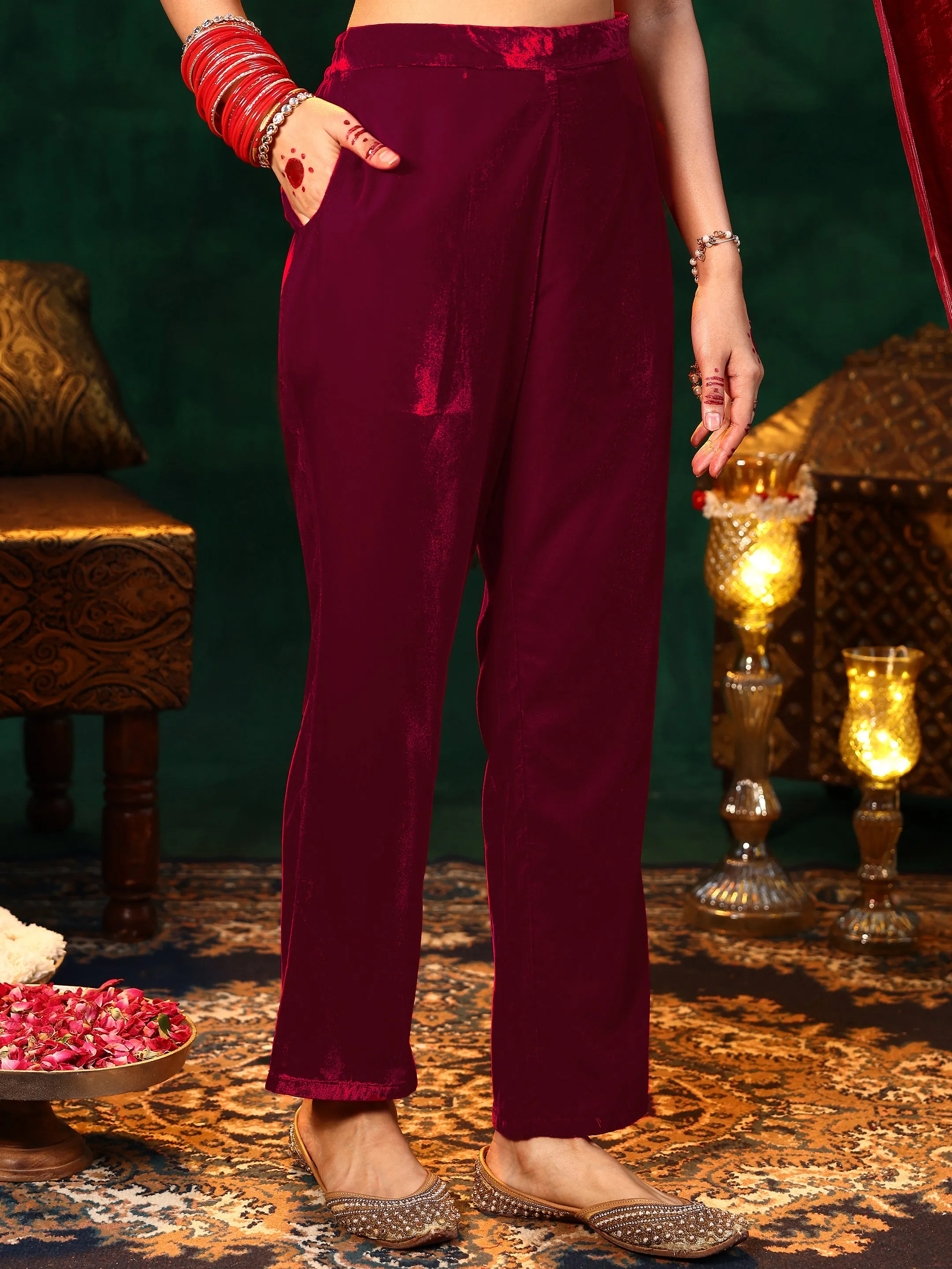 Red Yoke Design Velvet Straight Suit With Dupatta