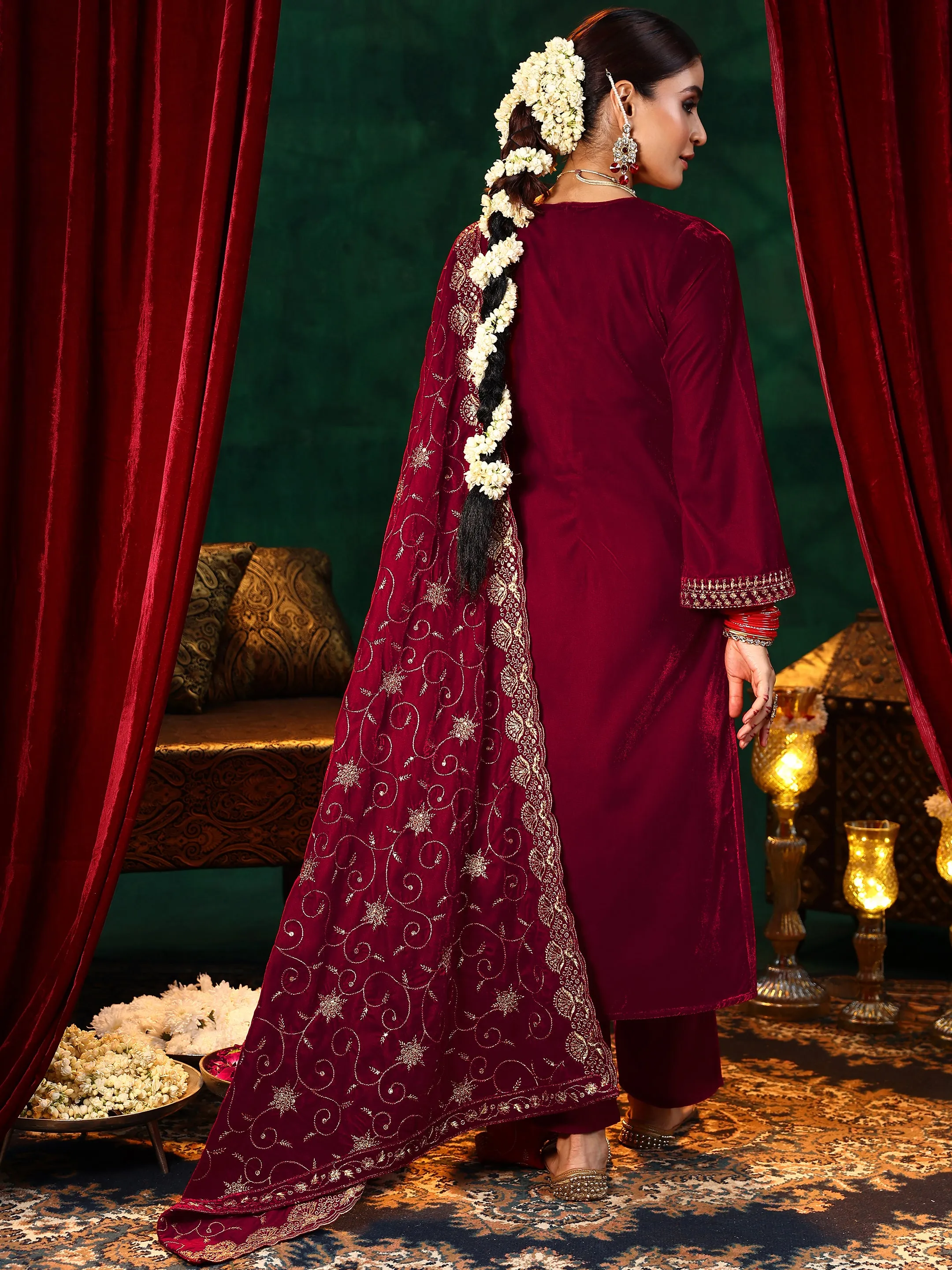 Red Yoke Design Velvet Straight Suit With Dupatta