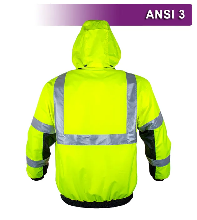 Reflective Apparel Safety Jacket: Hi Vis Bomber: Breathable Waterproof: Hood: Lime 2-Tone (VEA-411-ST)