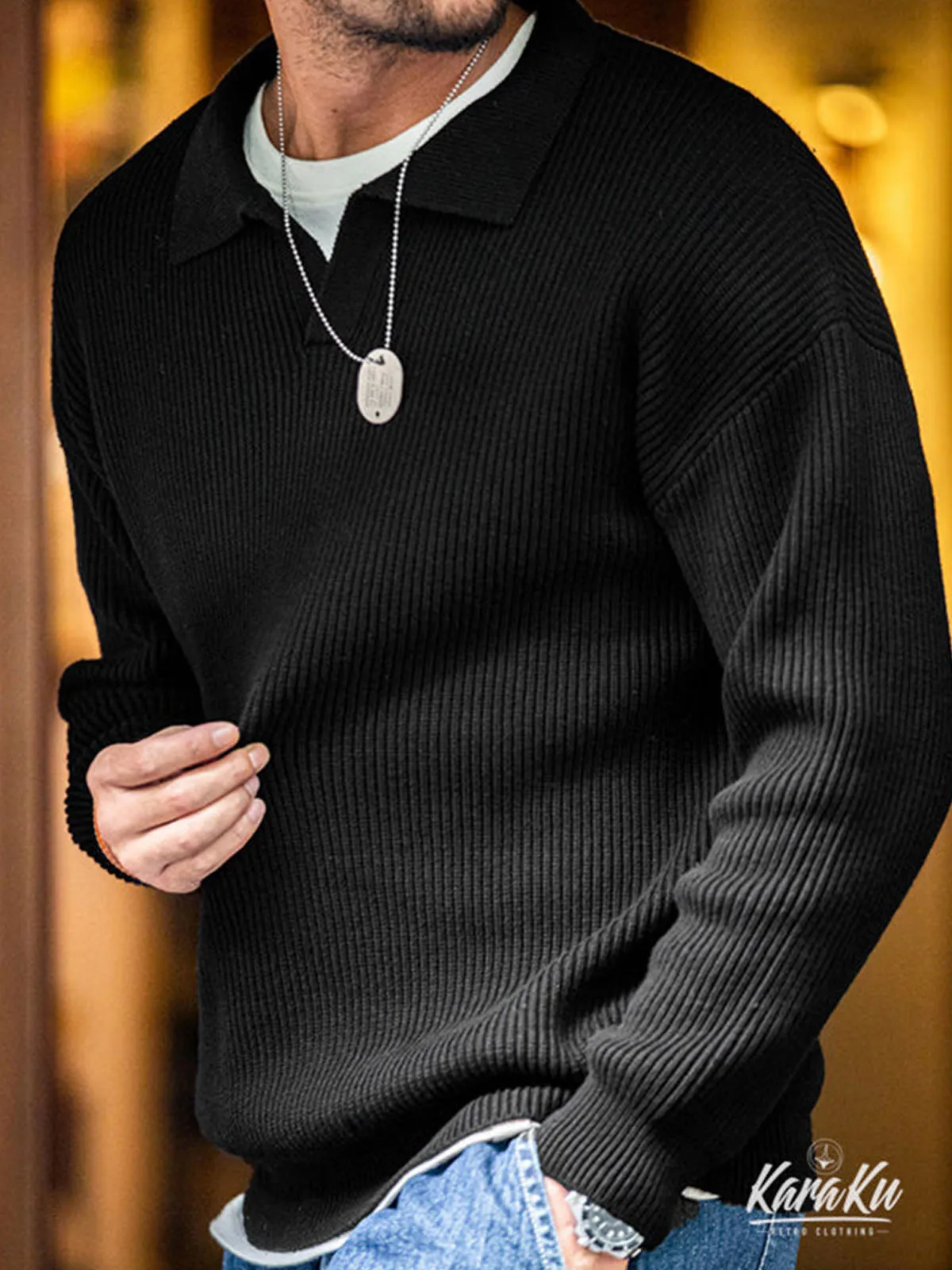 Ribbed Knitted Cotton Polo Collar Sweater