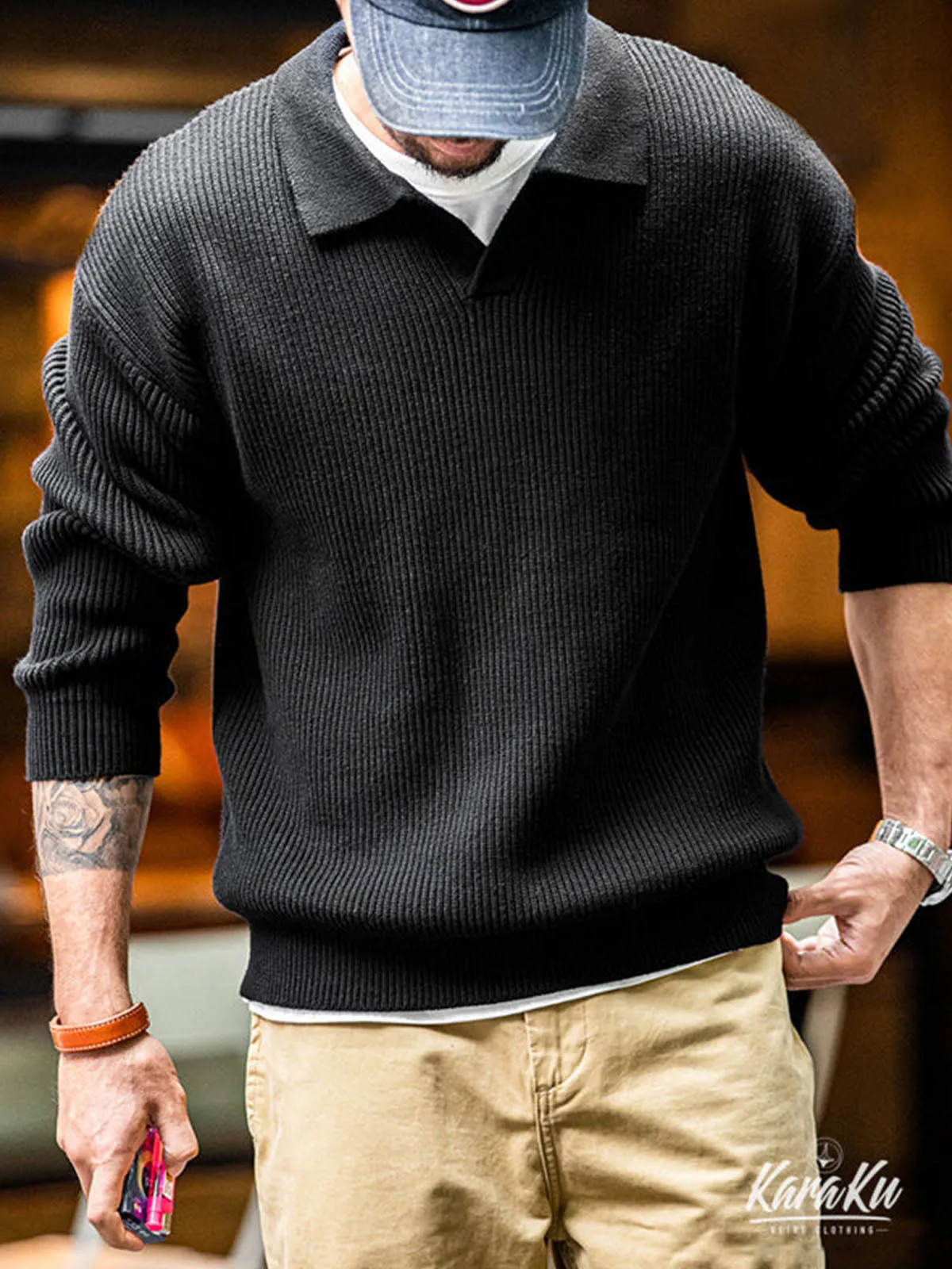 Ribbed Knitted Cotton Polo Collar Sweater