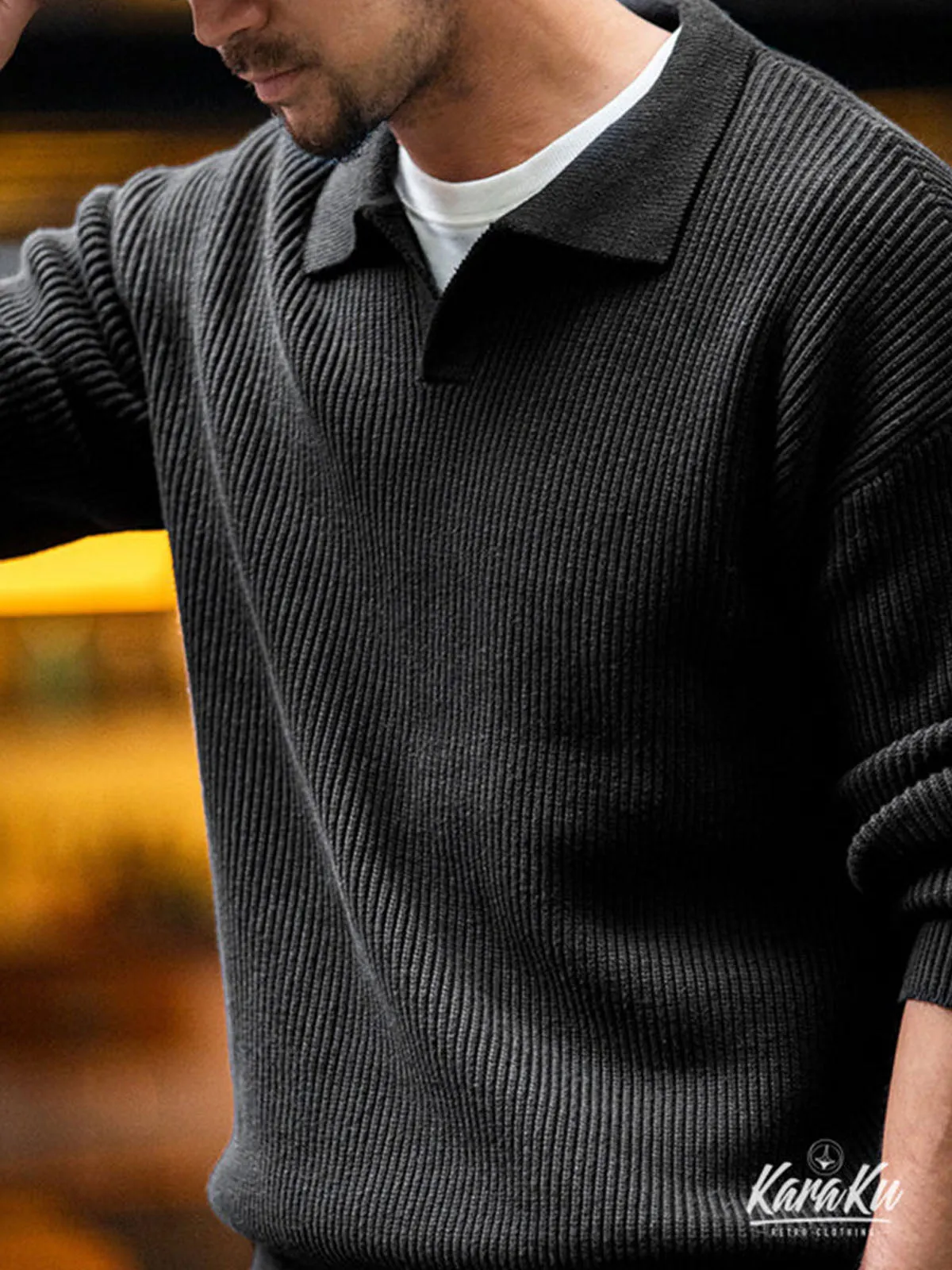 Ribbed Knitted Cotton Polo Collar Sweater