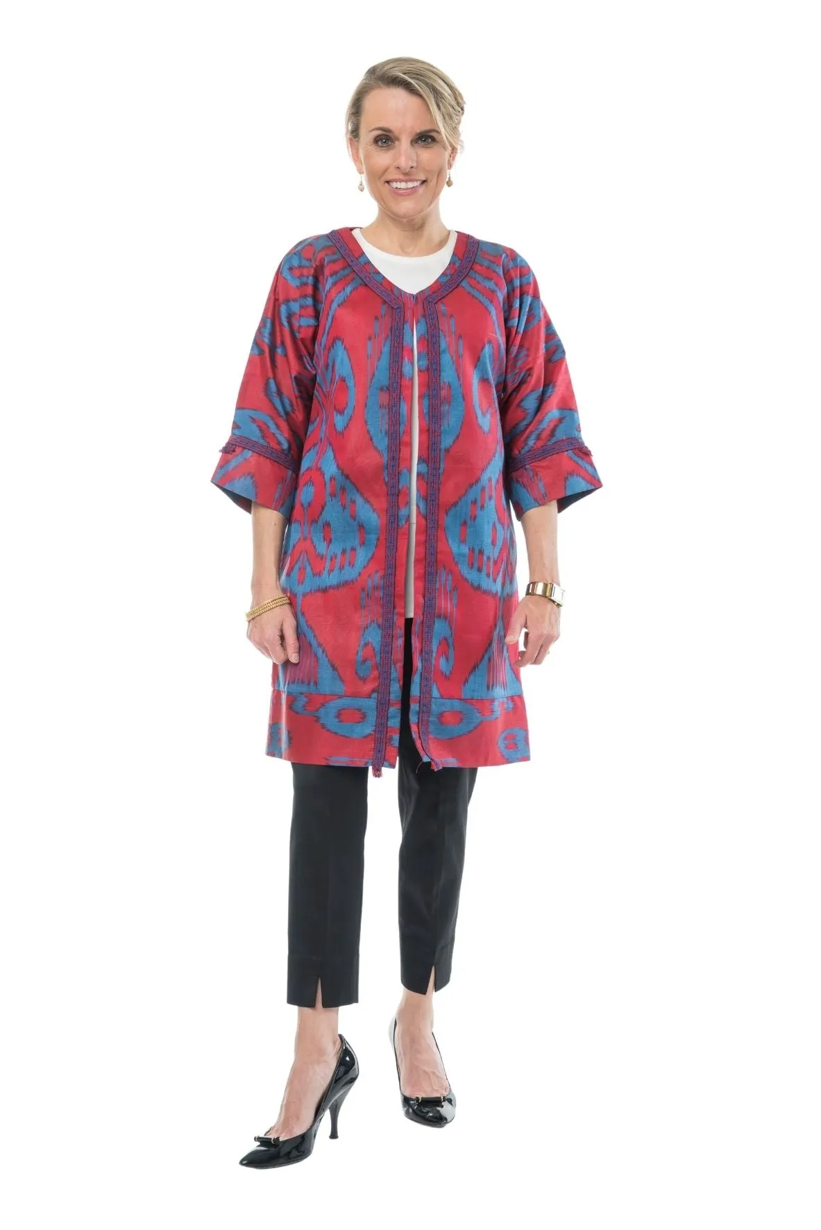 Rowan Silk Ikat Coat - Red, Blue