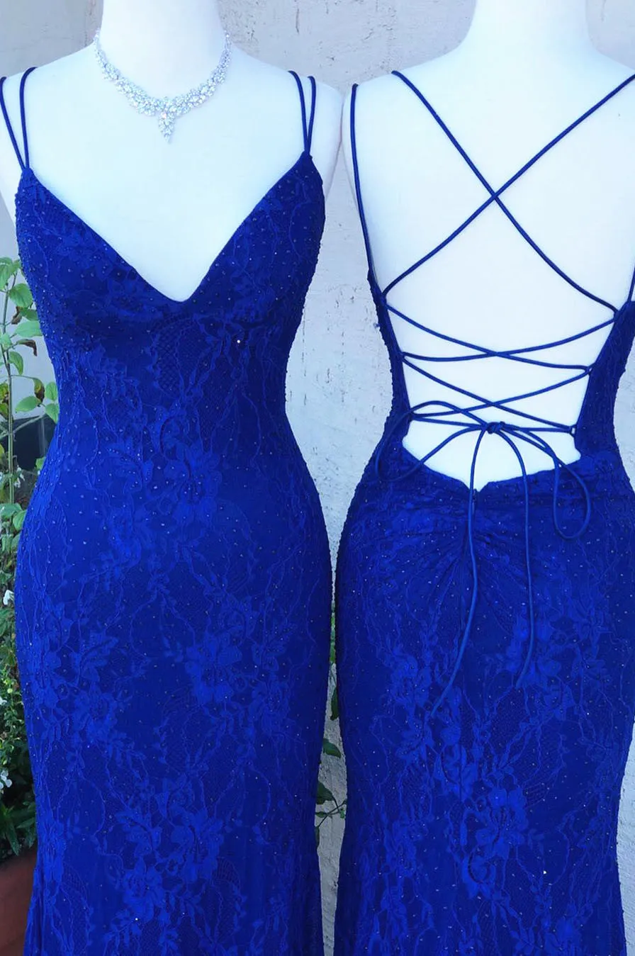 Royal Blue Prom Dress Lace Sheath Prom Dresses Long Open Back Evening Gowns