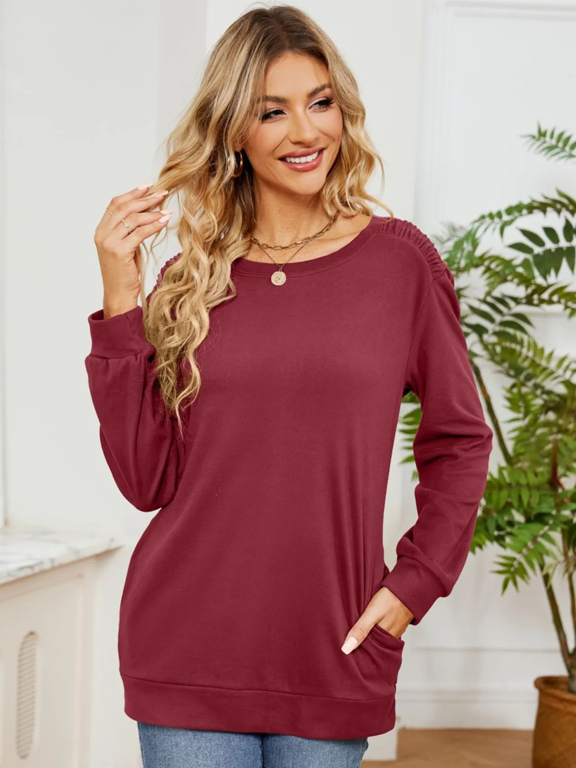 Ruched Shoulder Round Neck Long Sleeve Sweatshirt | Casual Tops | Loungewear